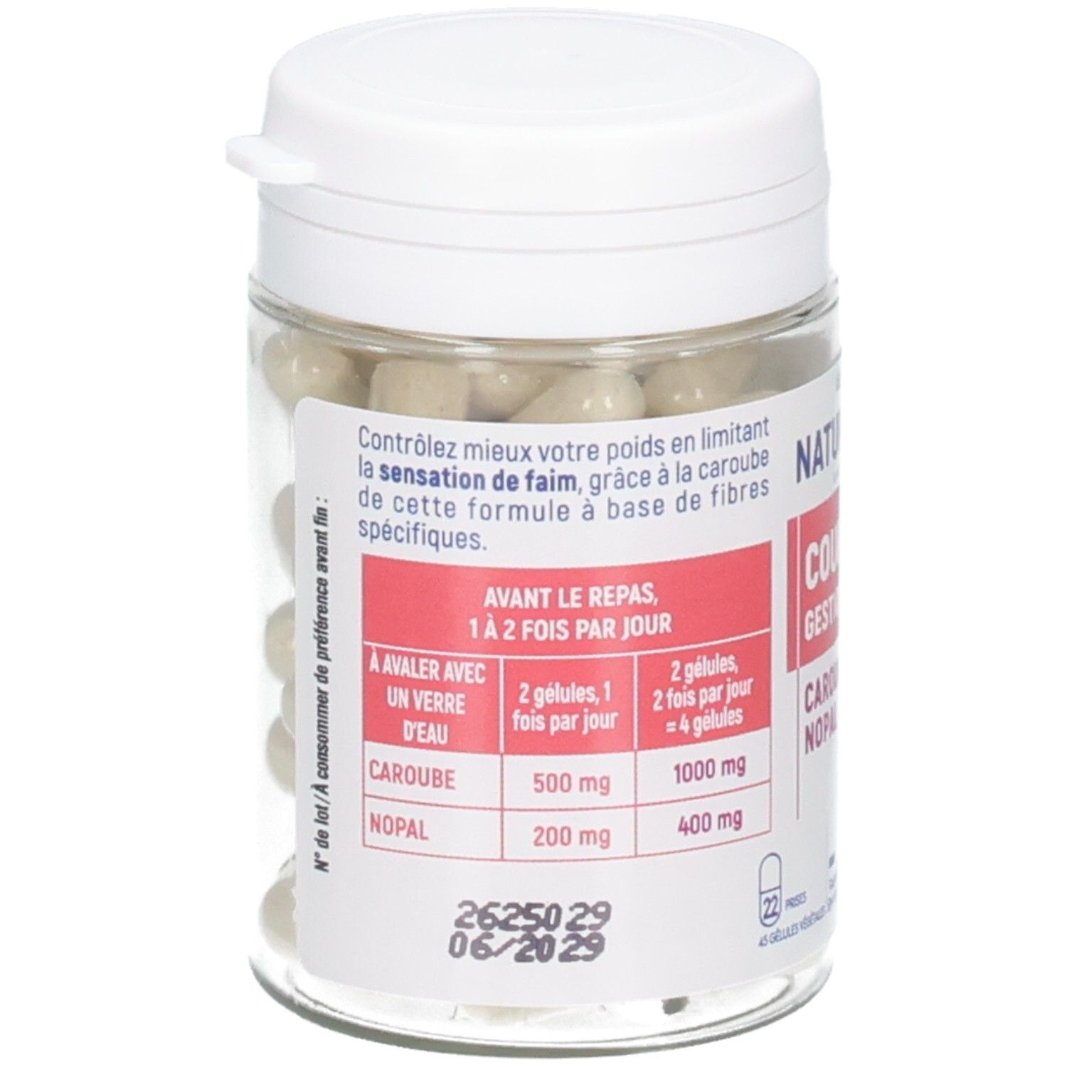 Bocal transparent avec couvercle blanc, rempli de gélules. Étiquette avec instructions d'utilisation et ingrédients.