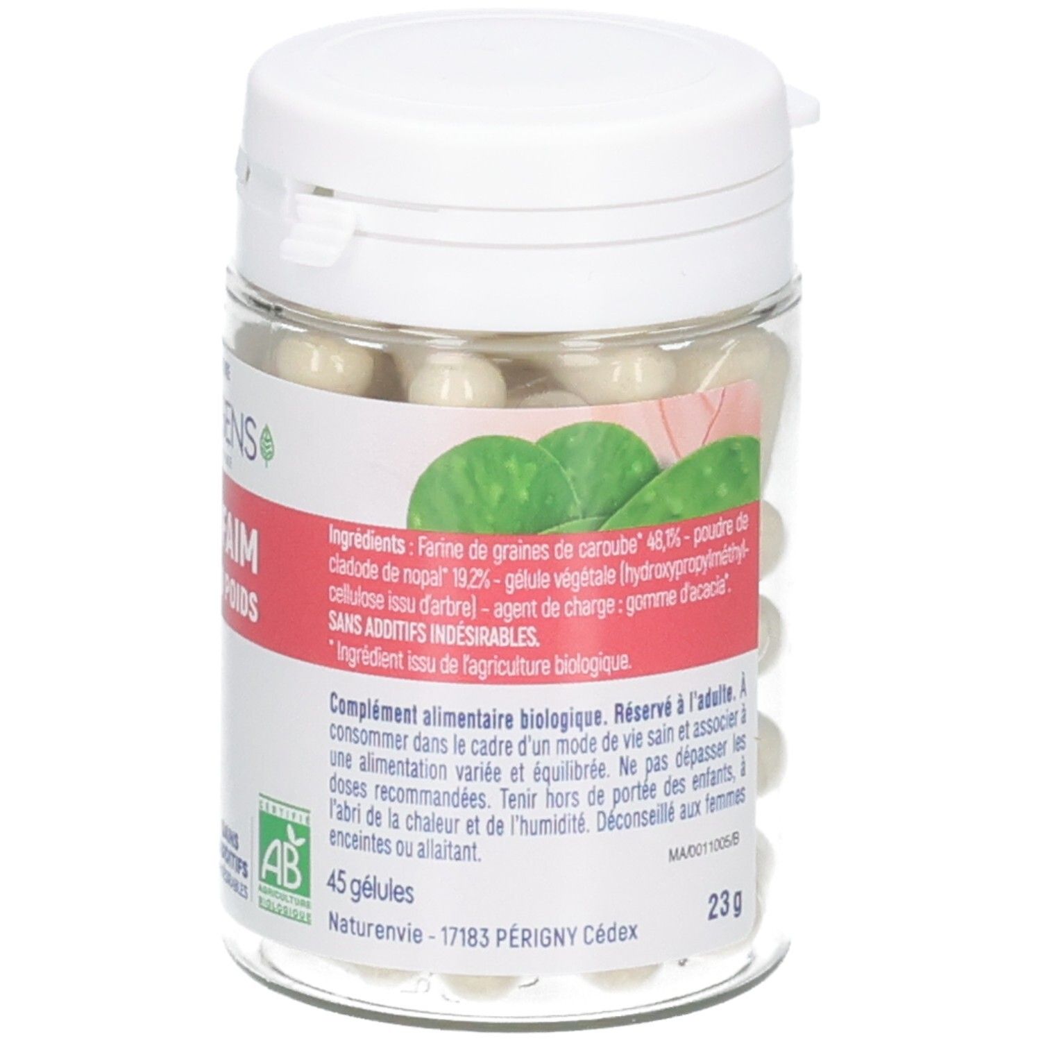Bocal transparent avec couvercle blanc, rempli de gélules. Étiquette avec label Bio et ingrédients.