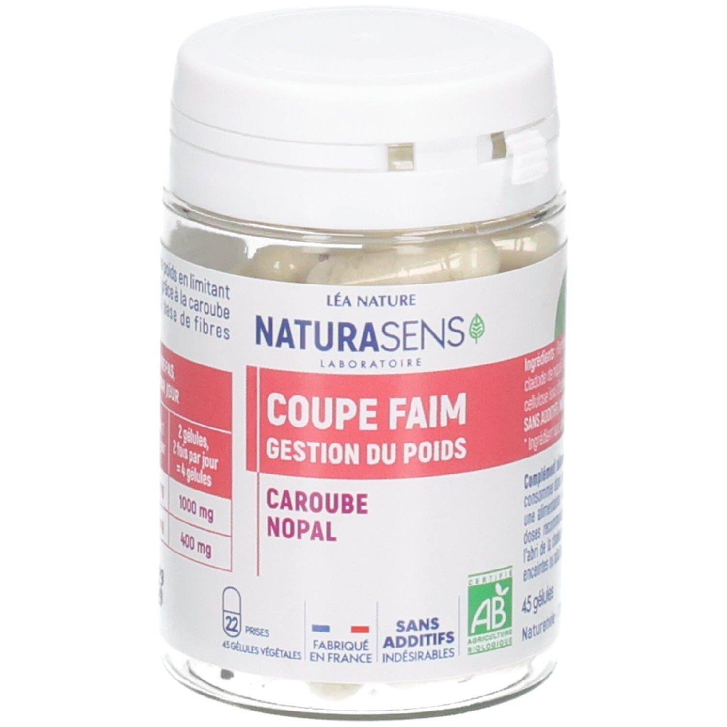 Boîte et bocal avec gélules. Étiquette avec nom du produit, label Bio et informations fabricant.