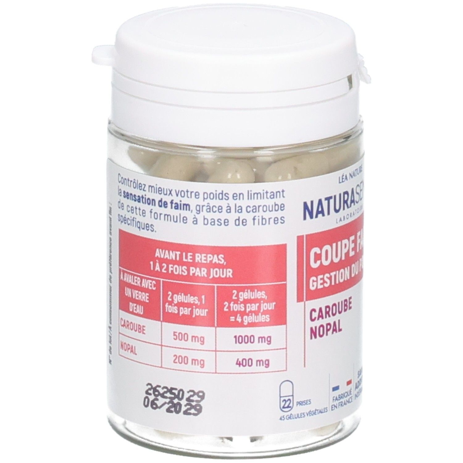 Bocal transparent avec couvercle blanc, rempli de gélules. Étiquette avec instructions d'utilisation et dosage.