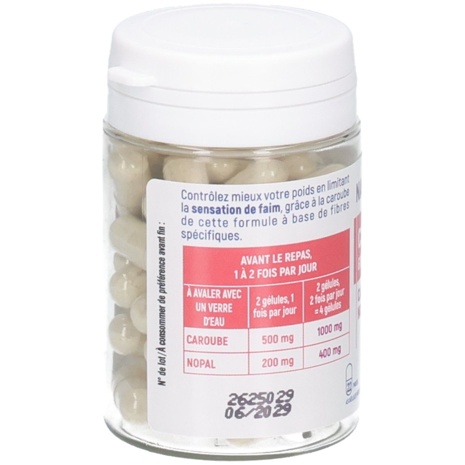 Bocal transparent avec couvercle blanc, rempli de gélules. Gros plan sur l'étiquette avec instructions d'utilisation.