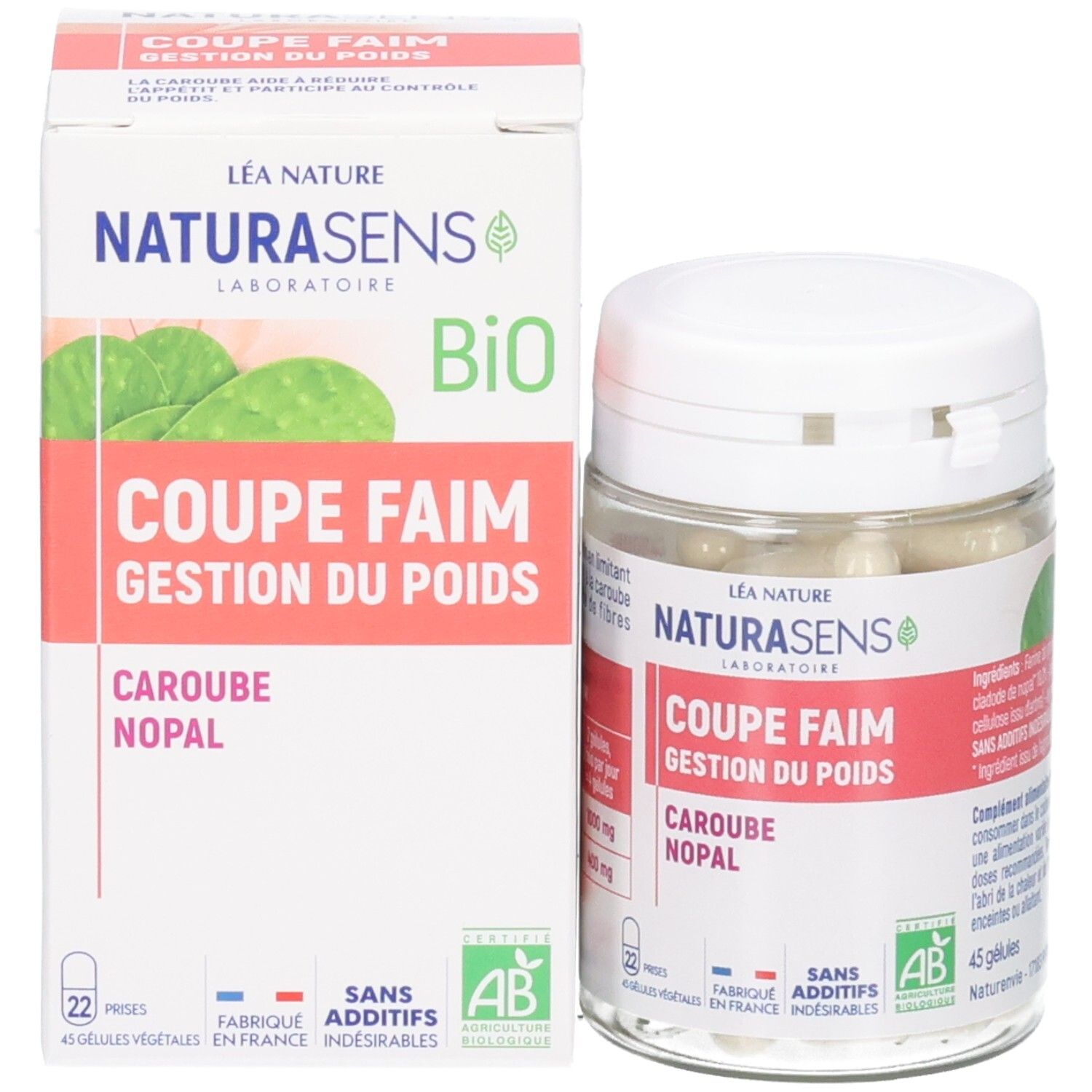 Boîte et bocal avec gélules. Vue de face de l'emballage du produit avec label Bio.