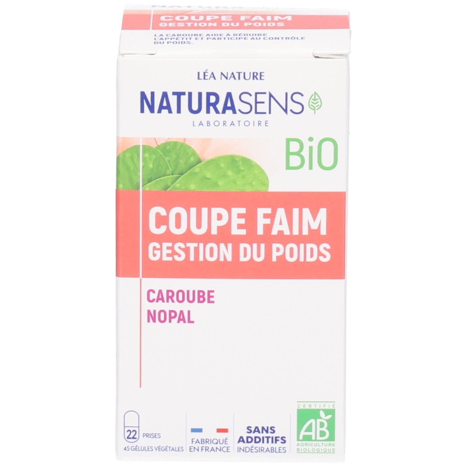Boîte avec gélules. Vue de face de l'emballage du produit avec label Bio et informations fabricant.