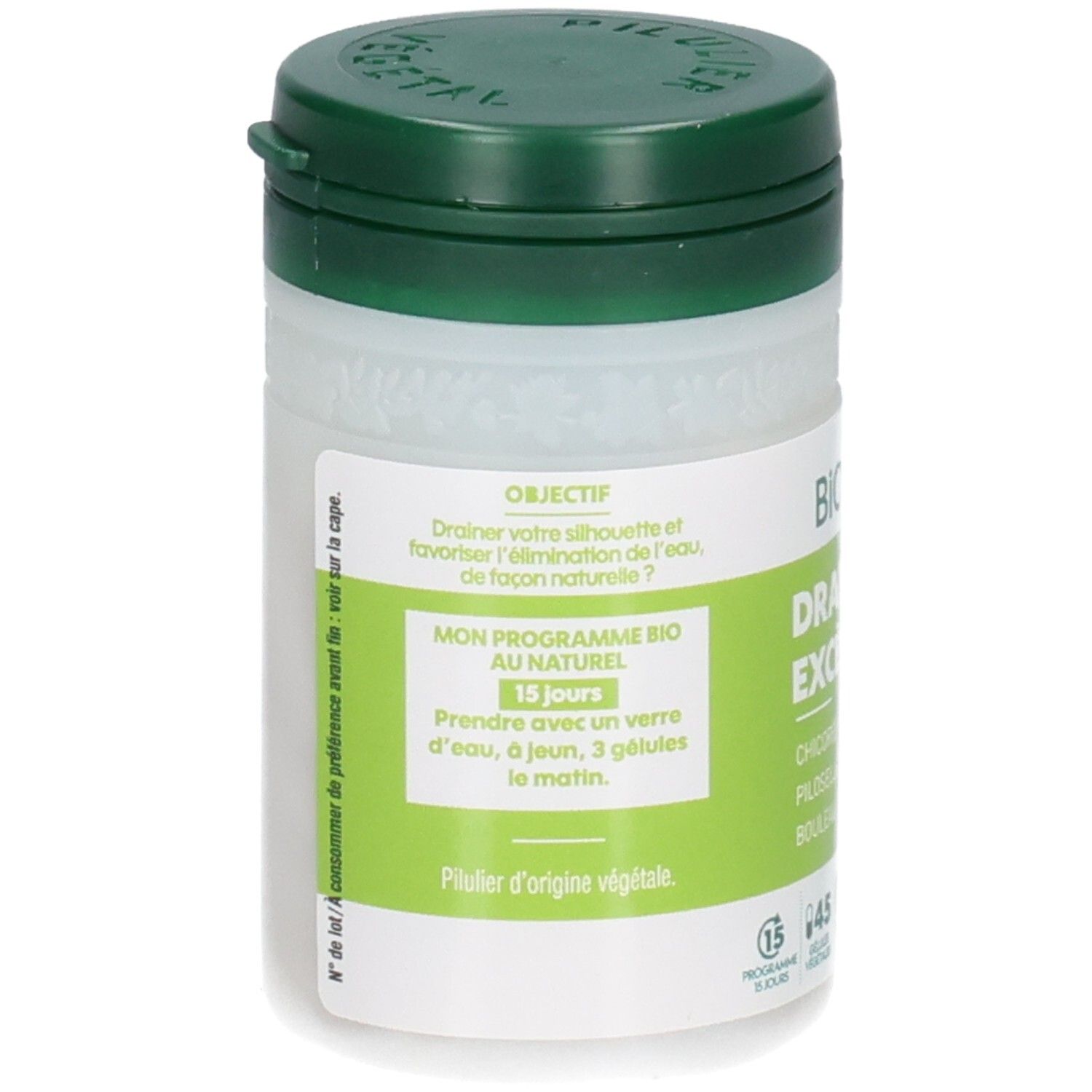 Pot blanc à couvercle vert, étiquette avec informations produit et illustrations botaniques.