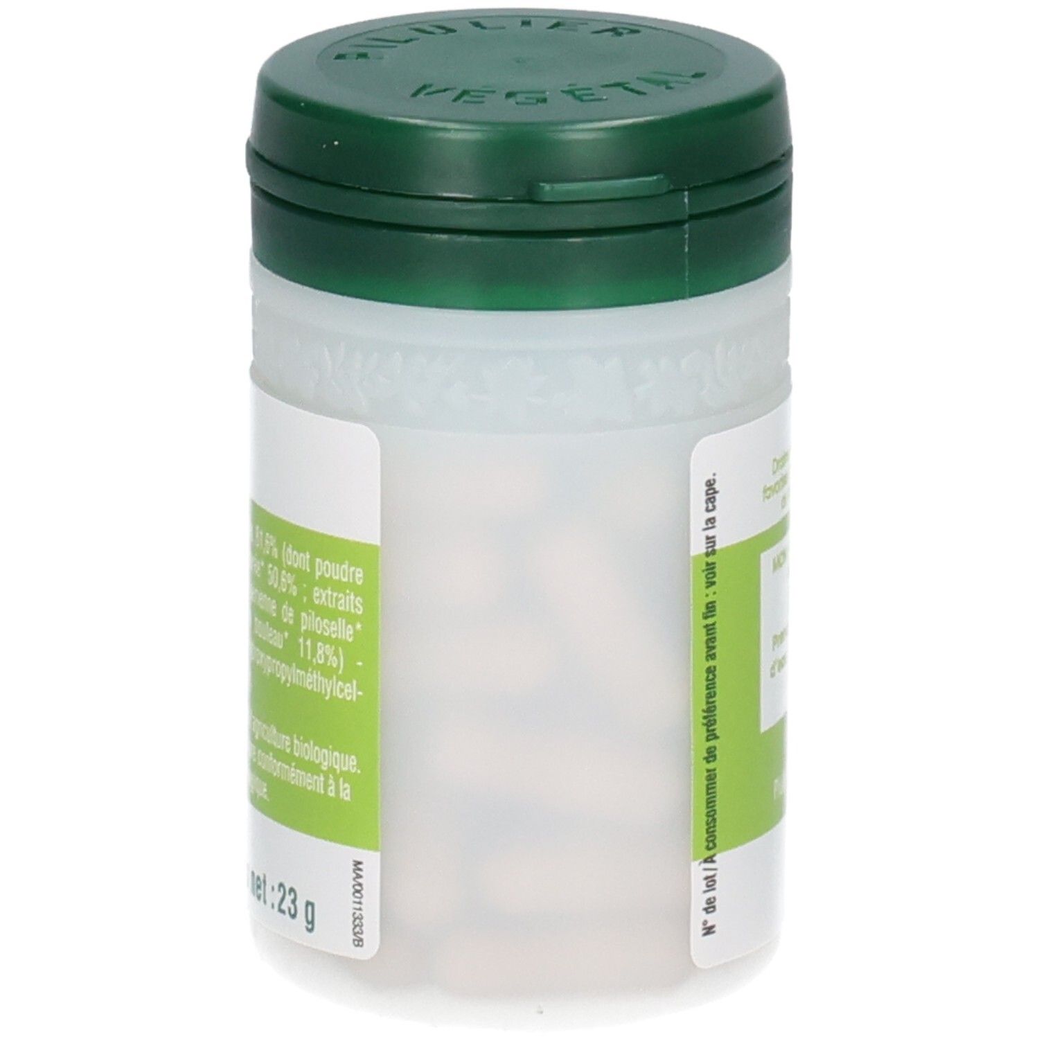 Pot blanc à couvercle vert, semi-transparent, révélant les gélules à l'intérieur. Étiquette avec ingrédients.