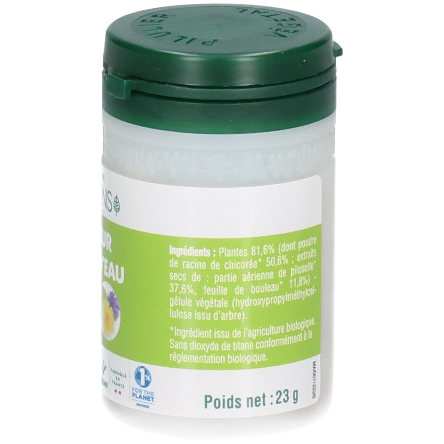 Pot blanc à couvercle vert, étiquette avec liste détaillée des ingrédients et label bio.