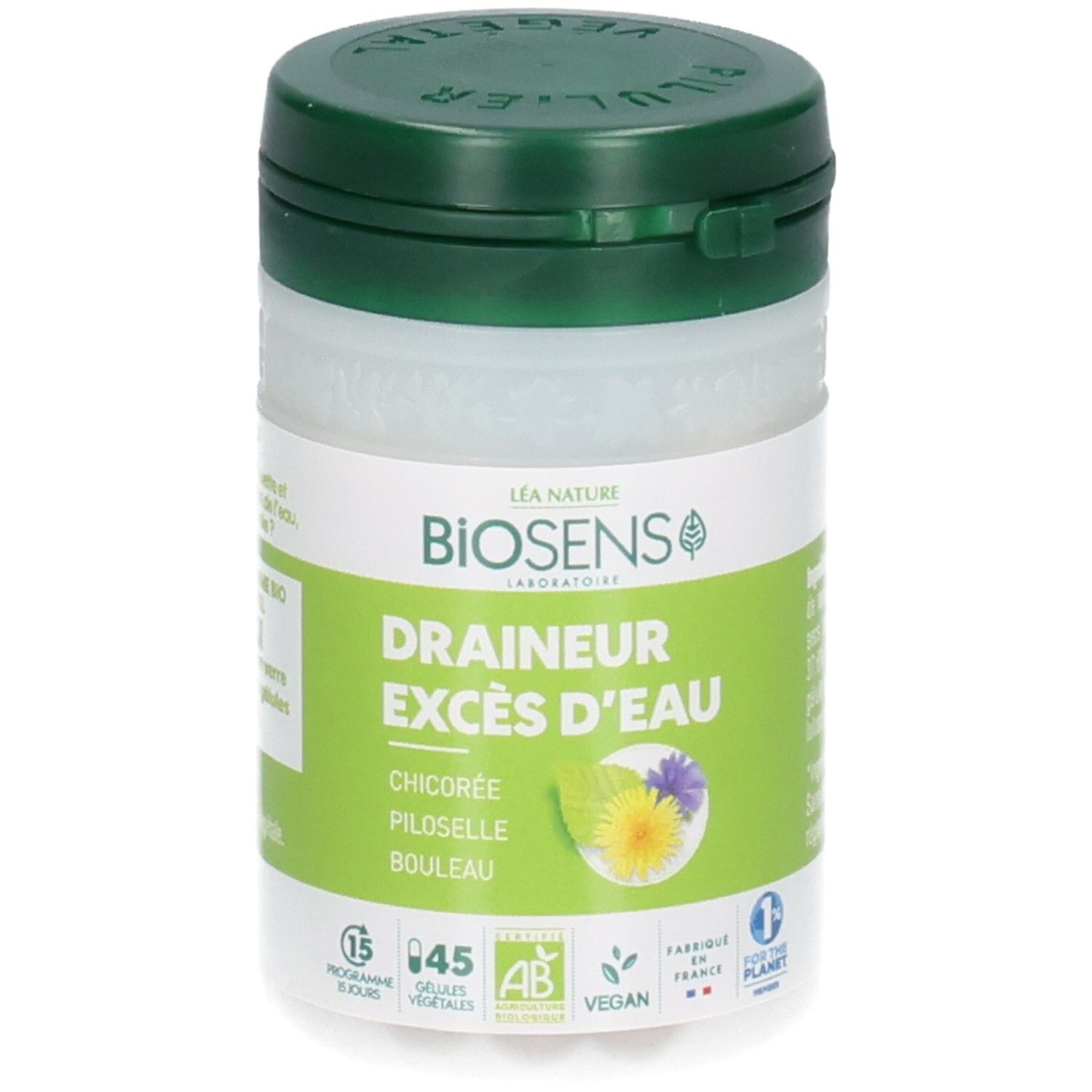 Pot blanc à couvercle vert, étiquette avec nom du produit, illustrations botaniques et labels bio.