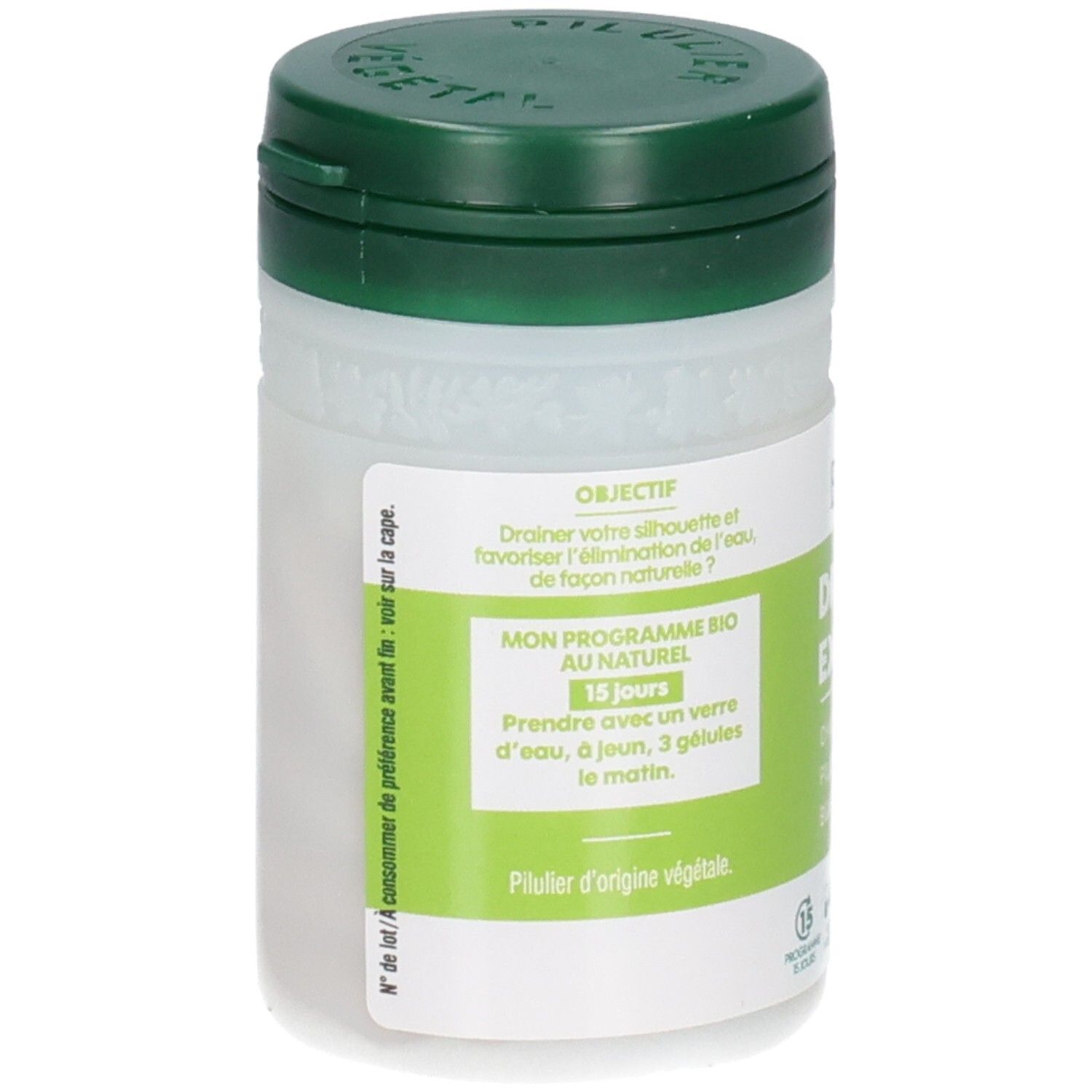 Pot blanc à couvercle vert, étiquette avec instructions d'utilisation et illustrations botaniques.