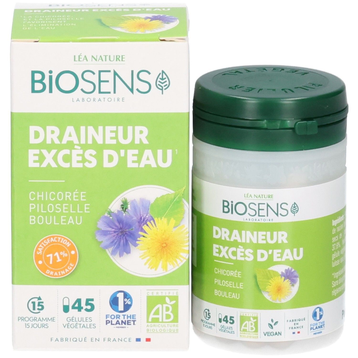 Emballage et pot du produit, étiquettes avec nom du produit, illustrations botaniques et labels bio.
