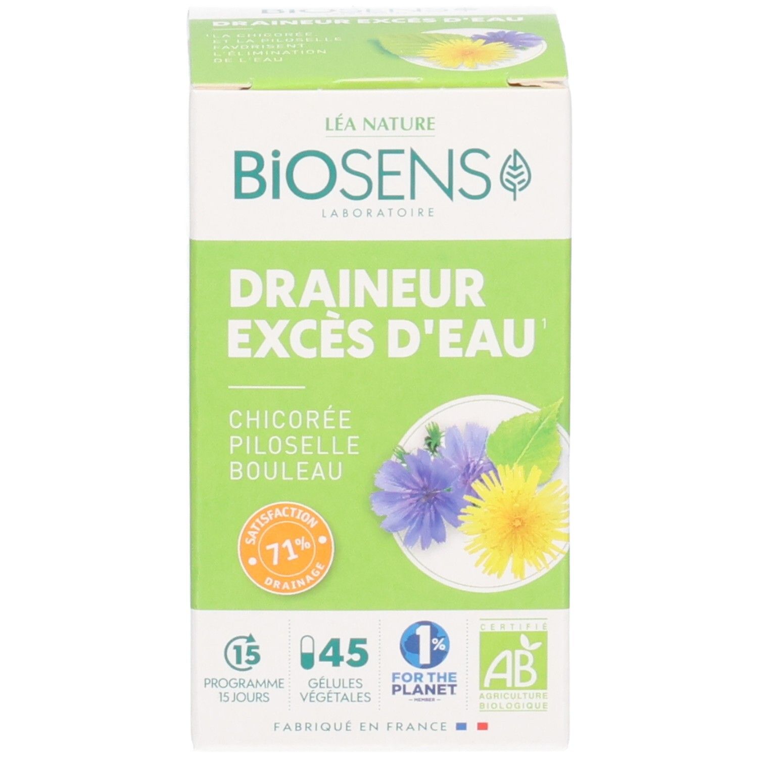 Emballage du produit, étiquette avec nom du produit, illustrations botaniques et labels bio.
