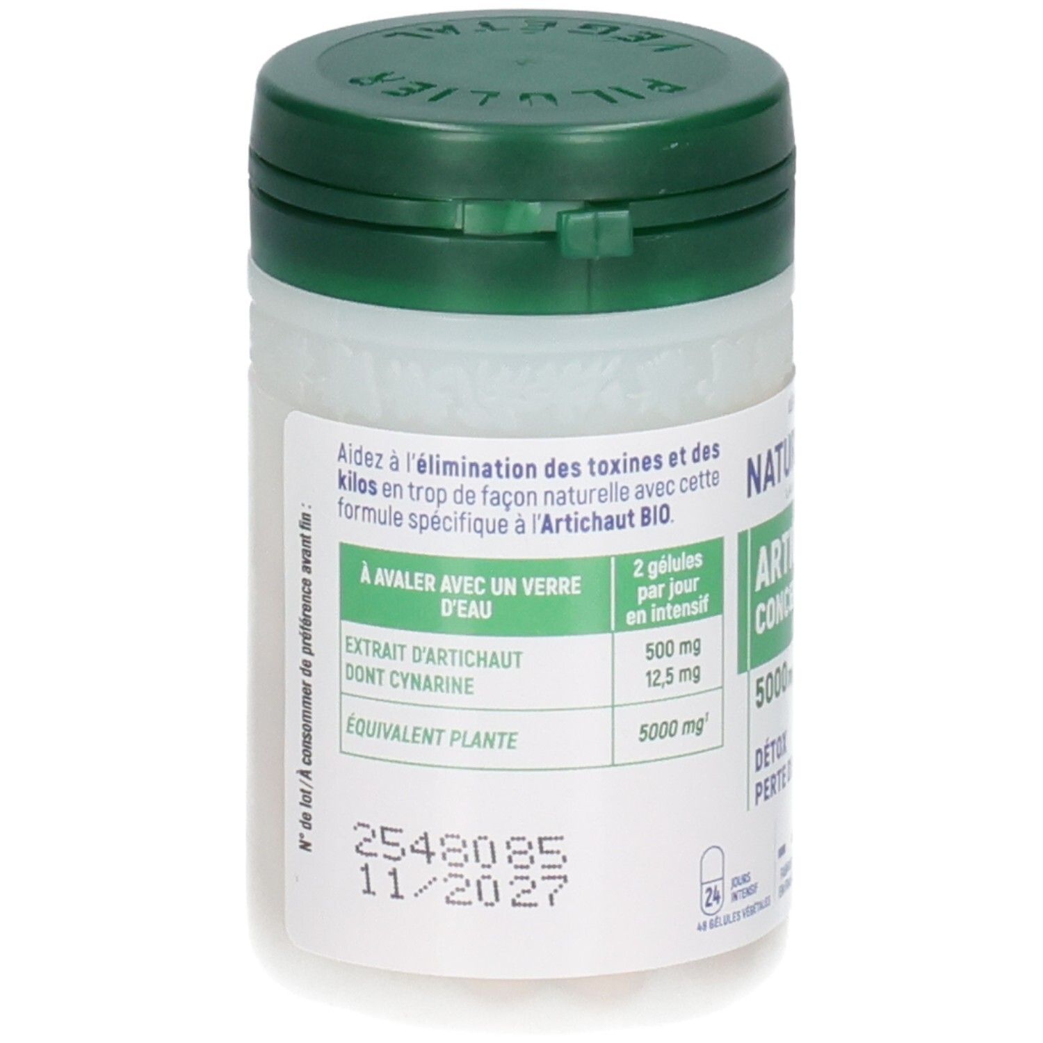 Flacon de gélules d'extrait d'artichaut. Bouchon vert, pot blanc avec étiquette.