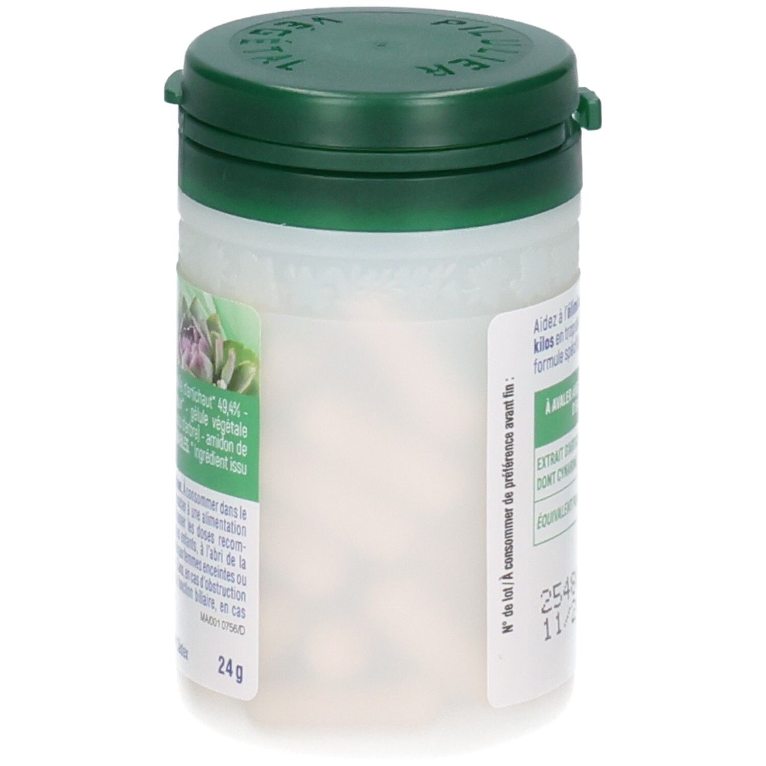 Flacon de gélules d'extrait d'artichaut. Bouchon vert, pot blanc avec étiquette et image d'artichaut.