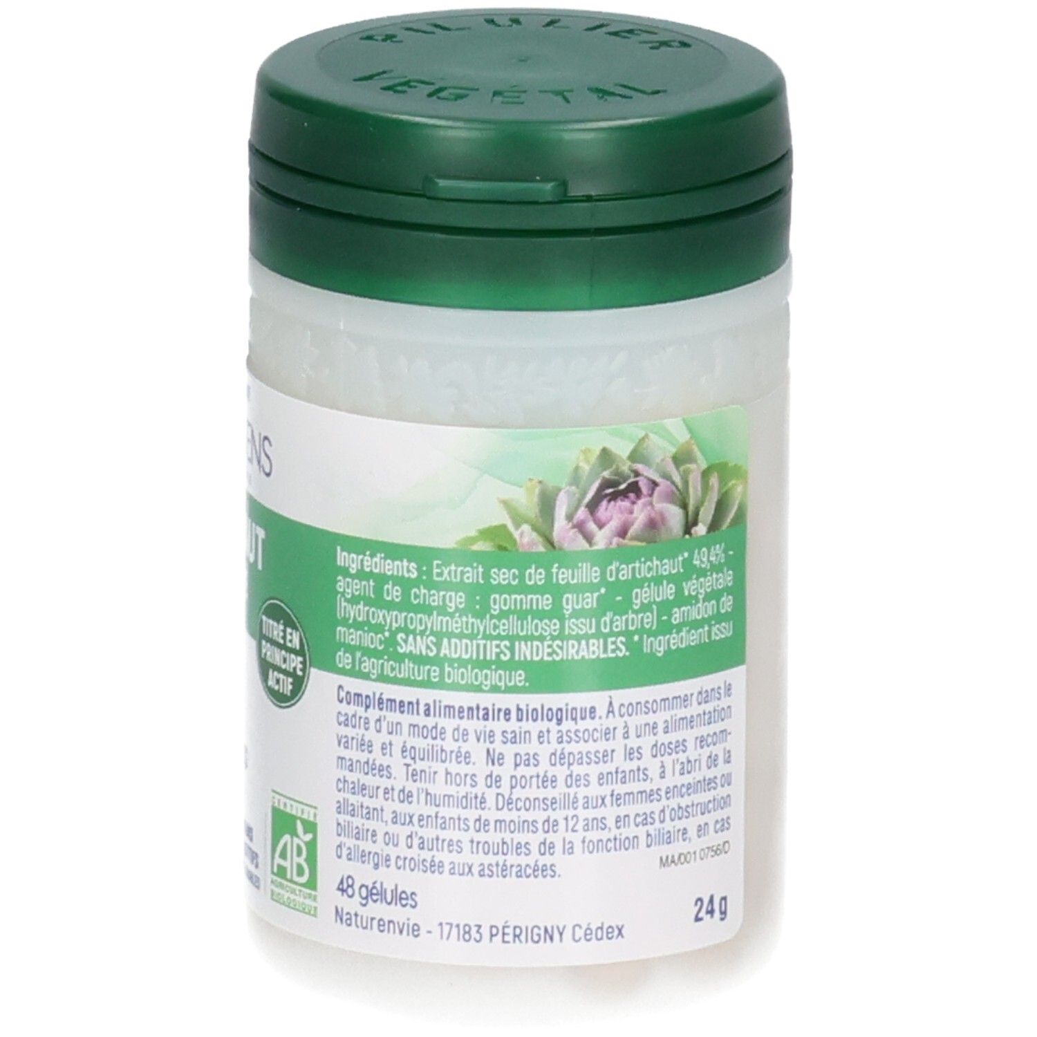 Flacon de gélules d'extrait d'artichaut. Bouchon vert, pot blanc avec étiquette et image d'artichaut.