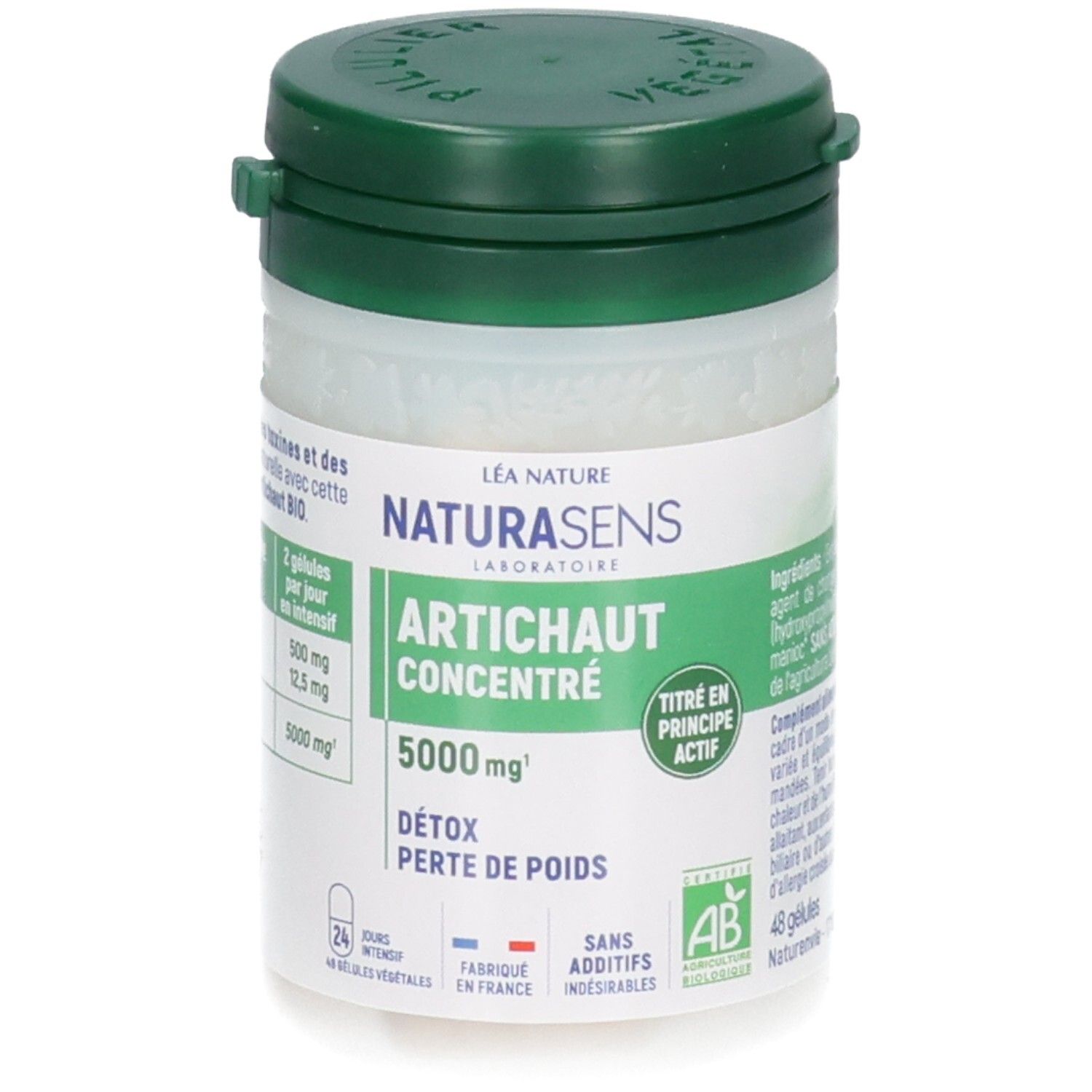 Flacon et boîte d'extrait d'artichaut. Bouchon vert, pots et boîte blancs.