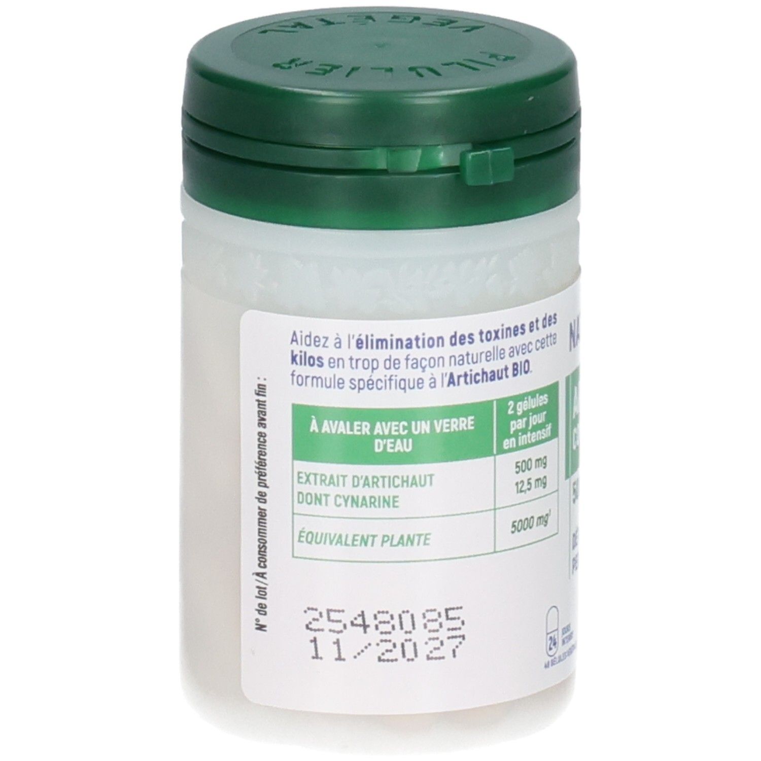 Flacon de gélules d'extrait d'artichaut. Bouchon vert, pot blanc avec étiquette.