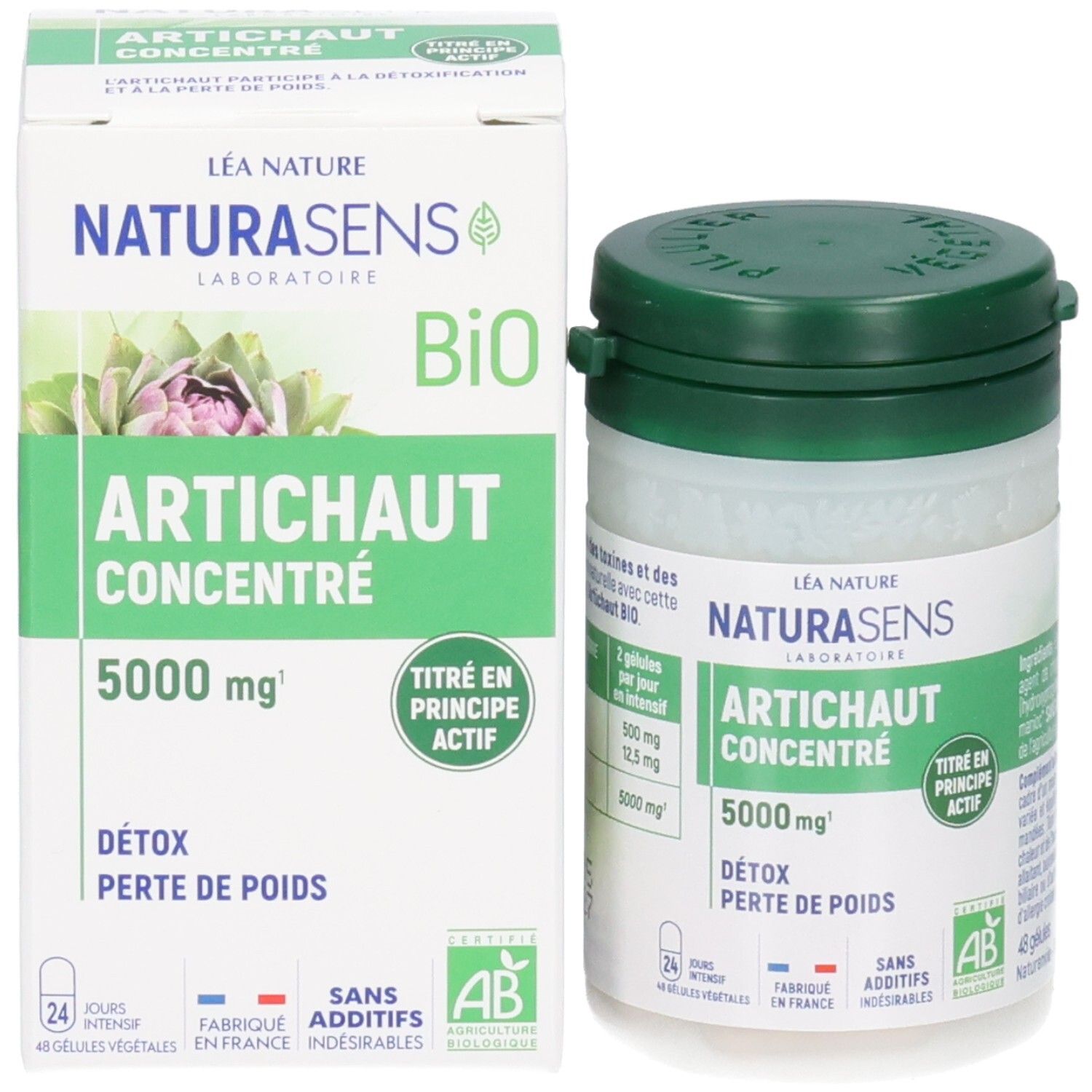 Flacon et boîte d'extrait d'artichaut. Bouchon vert, pots et boîte blancs.