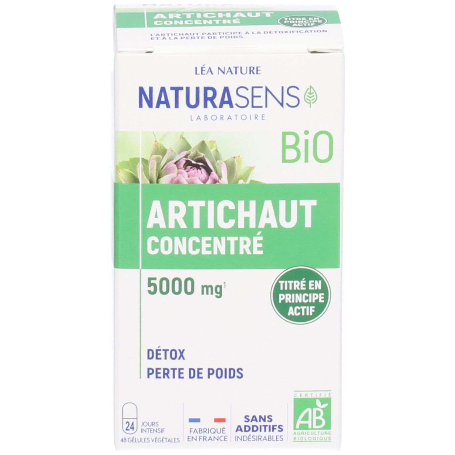Boîte d'extrait d'artichaut. Boîte blanche avec image d'artichaut et informations produit.