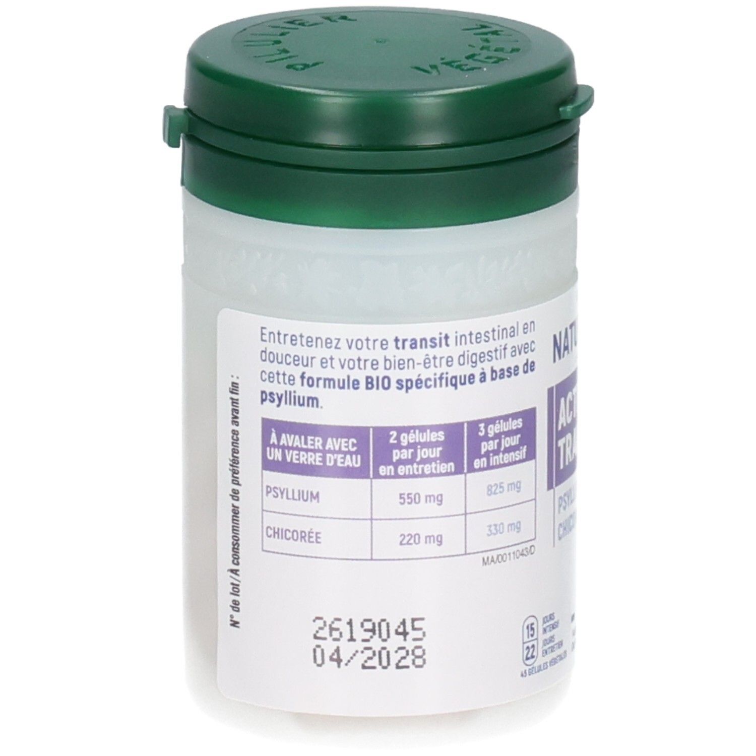 Boîte de gélules Naturasens Activateur Transit avec étiquette indiquant Psyllium et Chicorée.