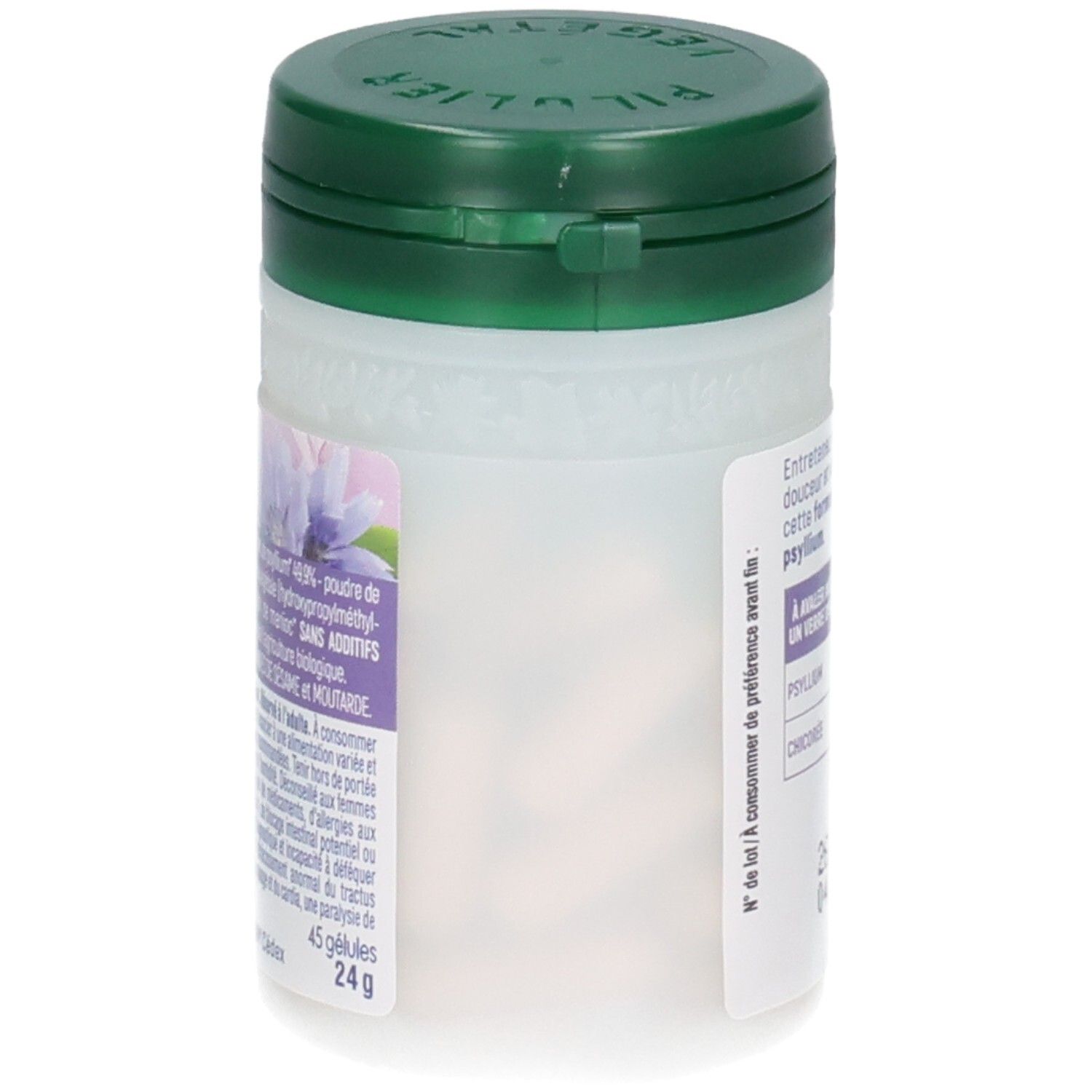 Boîte de gélules Naturasens Activateur Transit, semi-transparente, avec couvercle vert et étiquette florale.