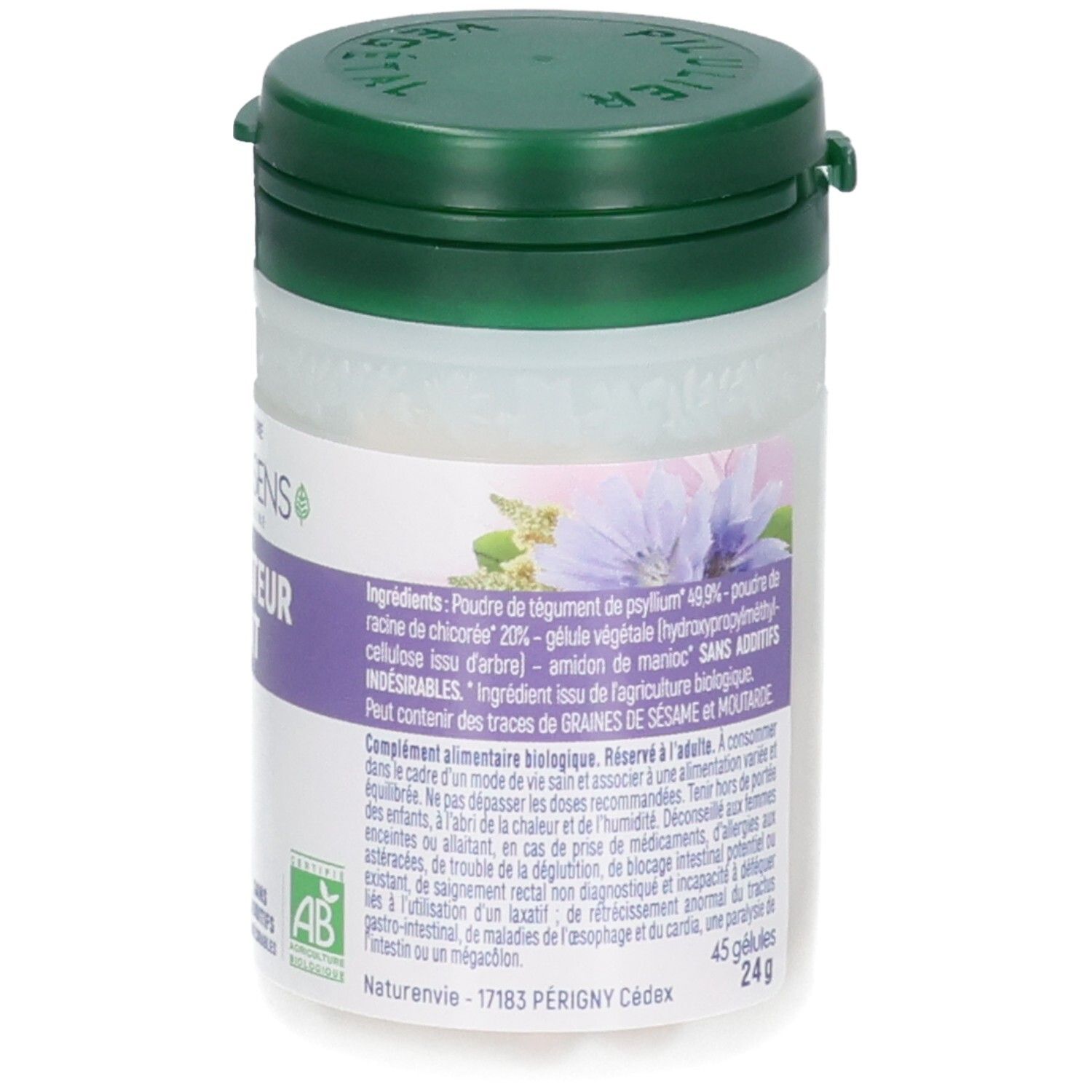 Boîte de gélules Naturasens Activateur Transit avec étiquette indiquant les ingrédients et le label Bio.