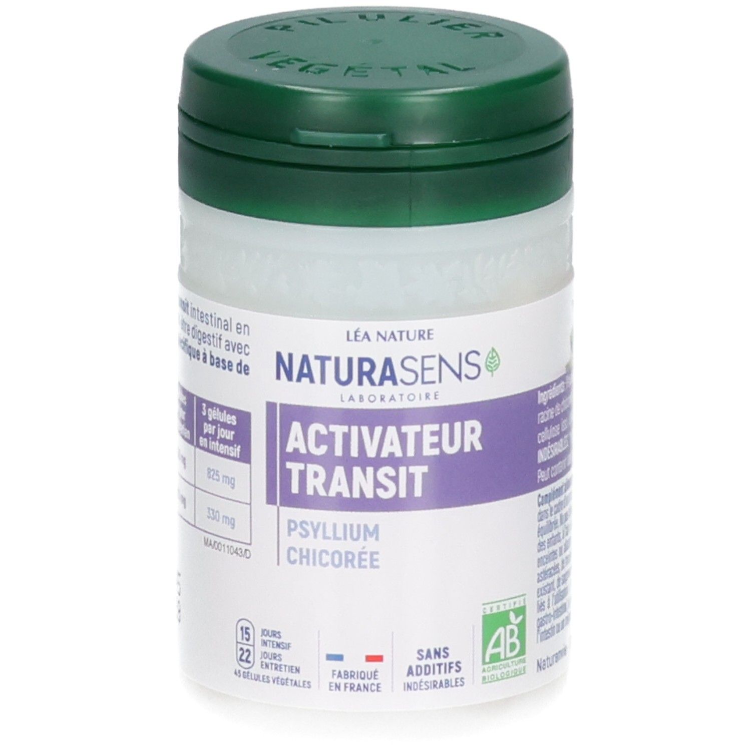 Boîte de gélules Naturasens Activateur Transit et emballage avec label Bio et indication de fabrication.