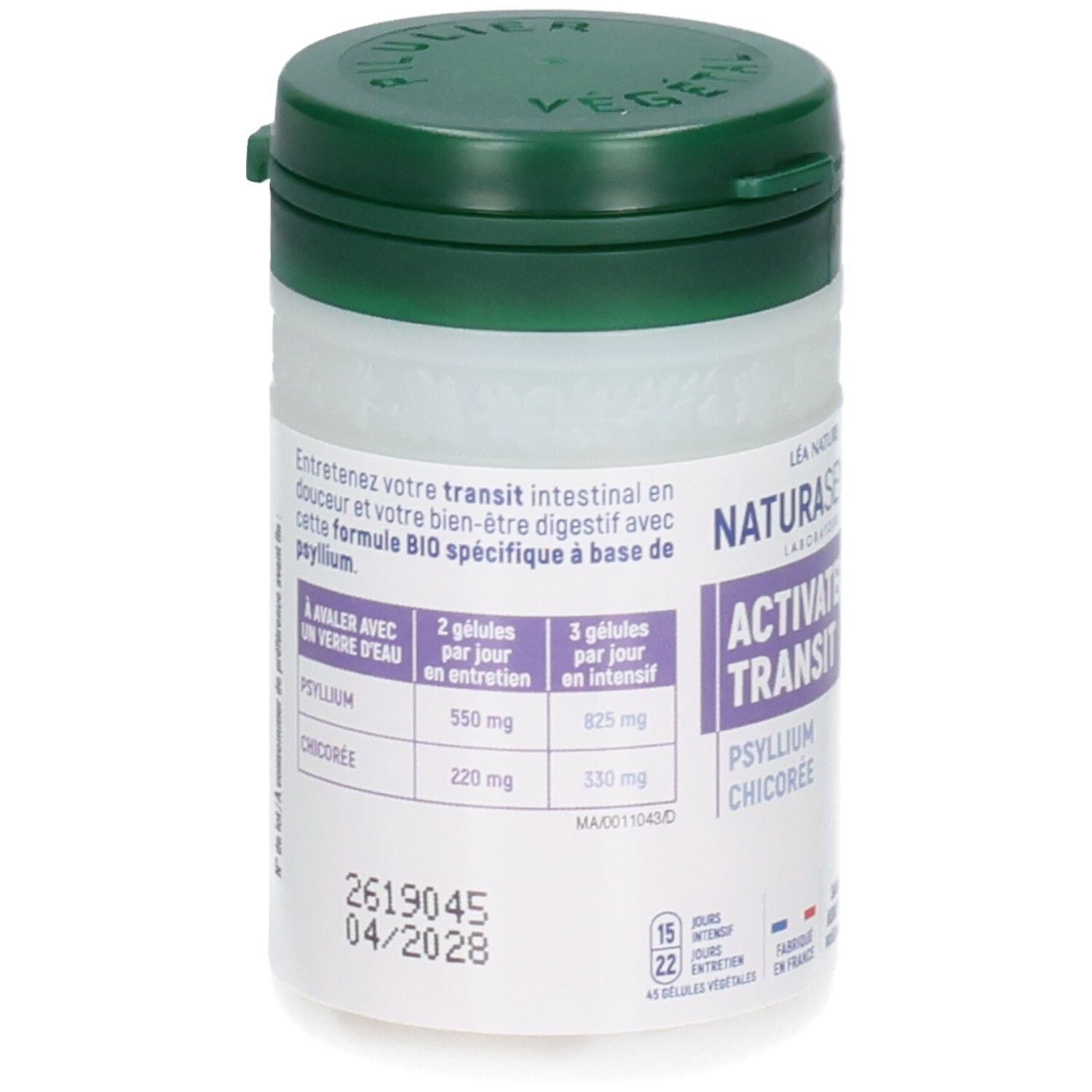 Boîte de gélules Naturasens Activateur Transit avec étiquette indiquant les recommandations de dosage.