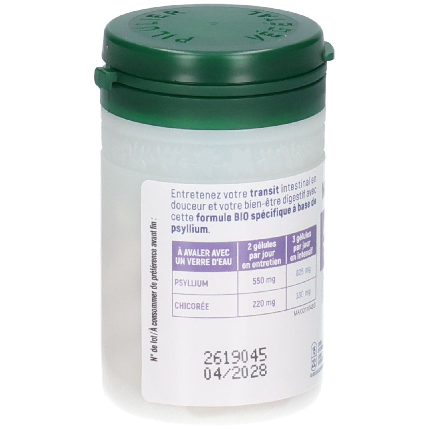 Boîte de gélules Naturasens Activateur Transit avec étiquette indiquant la date de péremption et le numéro de lot.