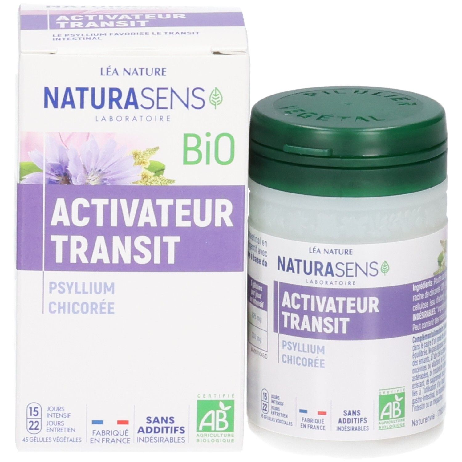 Boîte de gélules Naturasens Activateur Transit et emballage avec label Bio et design floral.