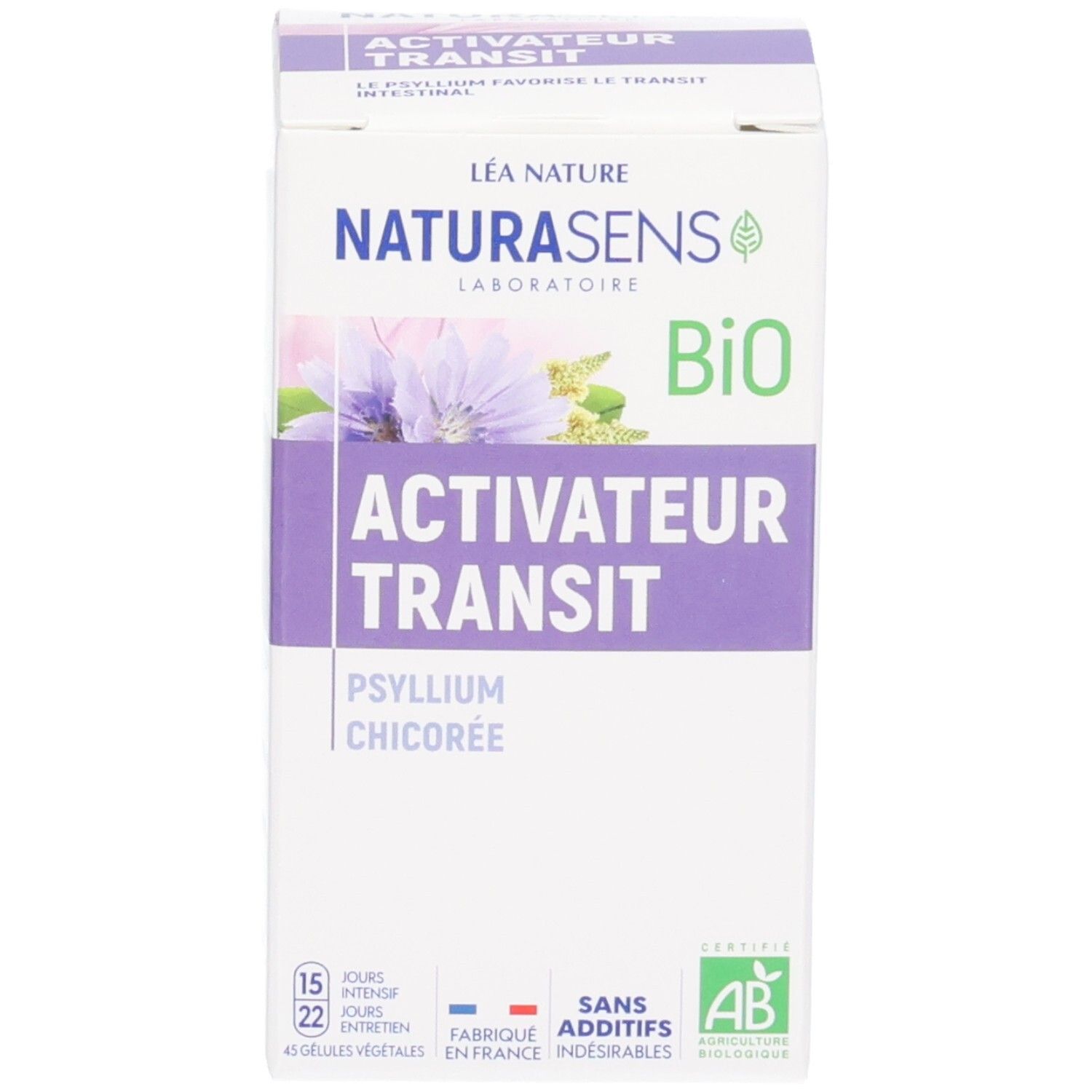 Emballage Naturasens Activateur Transit avec label Bio, design floral et informations produit.