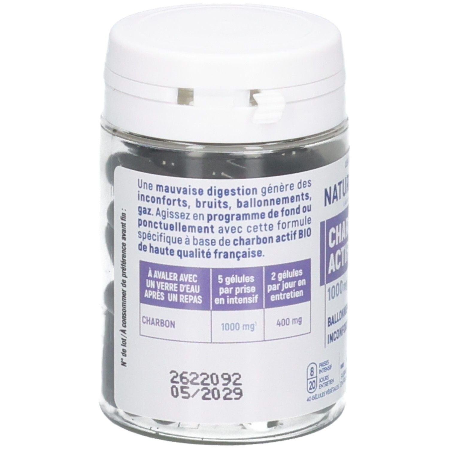 Flacon de gélules de charbon actif, 40 unités. Contient 1000 mg par dose.