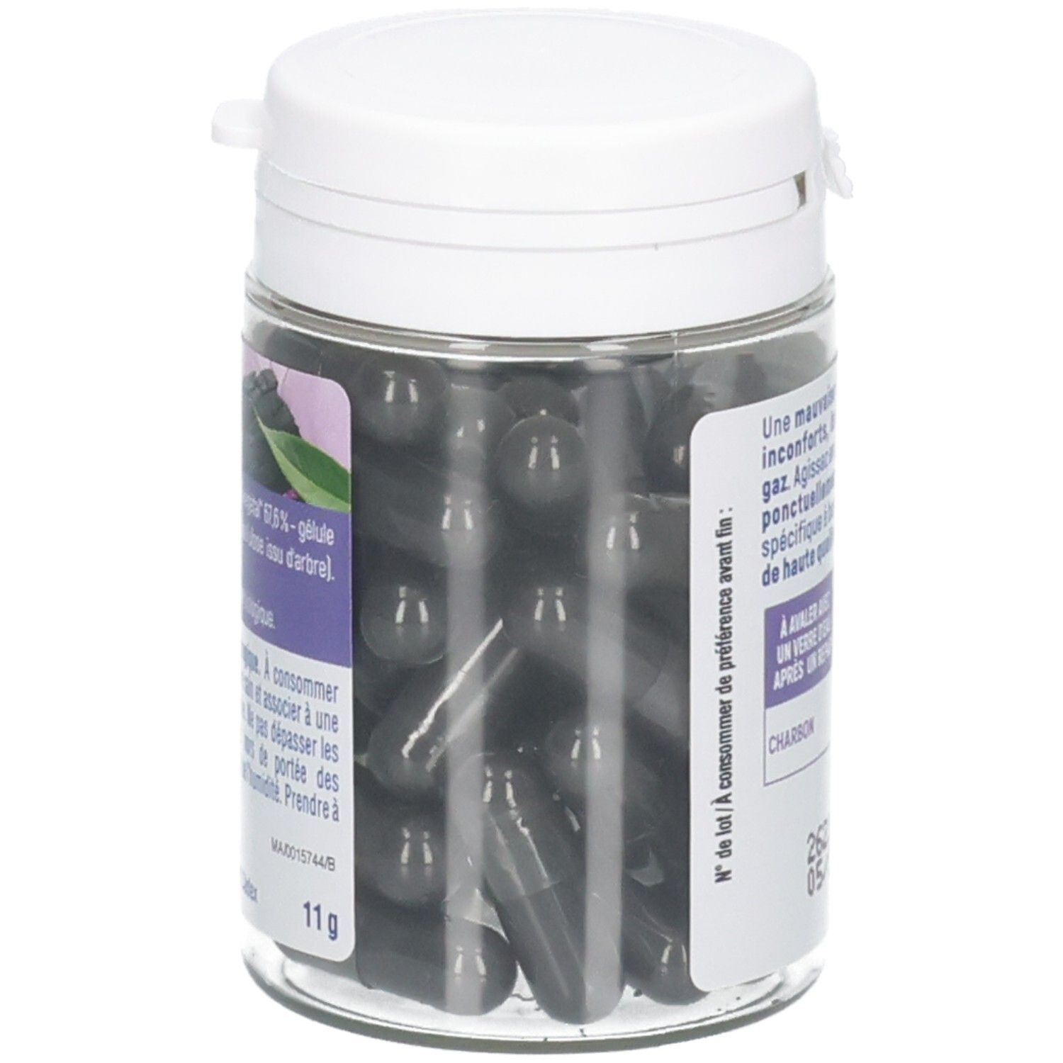 Flacon de gélules de charbon actif, 40 unités. Contient 1000 mg par dose.
