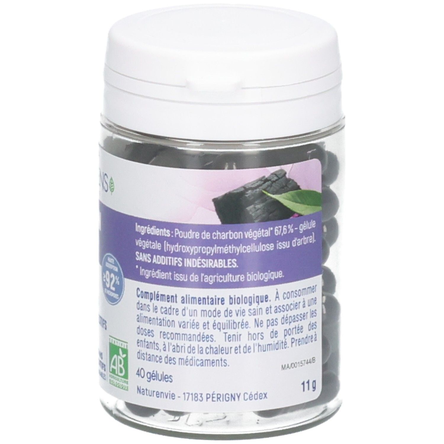 Flacon de gélules de charbon actif, 40 unités. Certifié Bio.