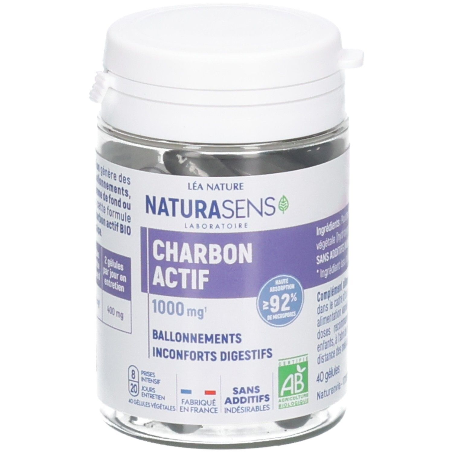 Boîte et flacon de gélules de charbon actif, 40 unités. 1000 mg par dose.