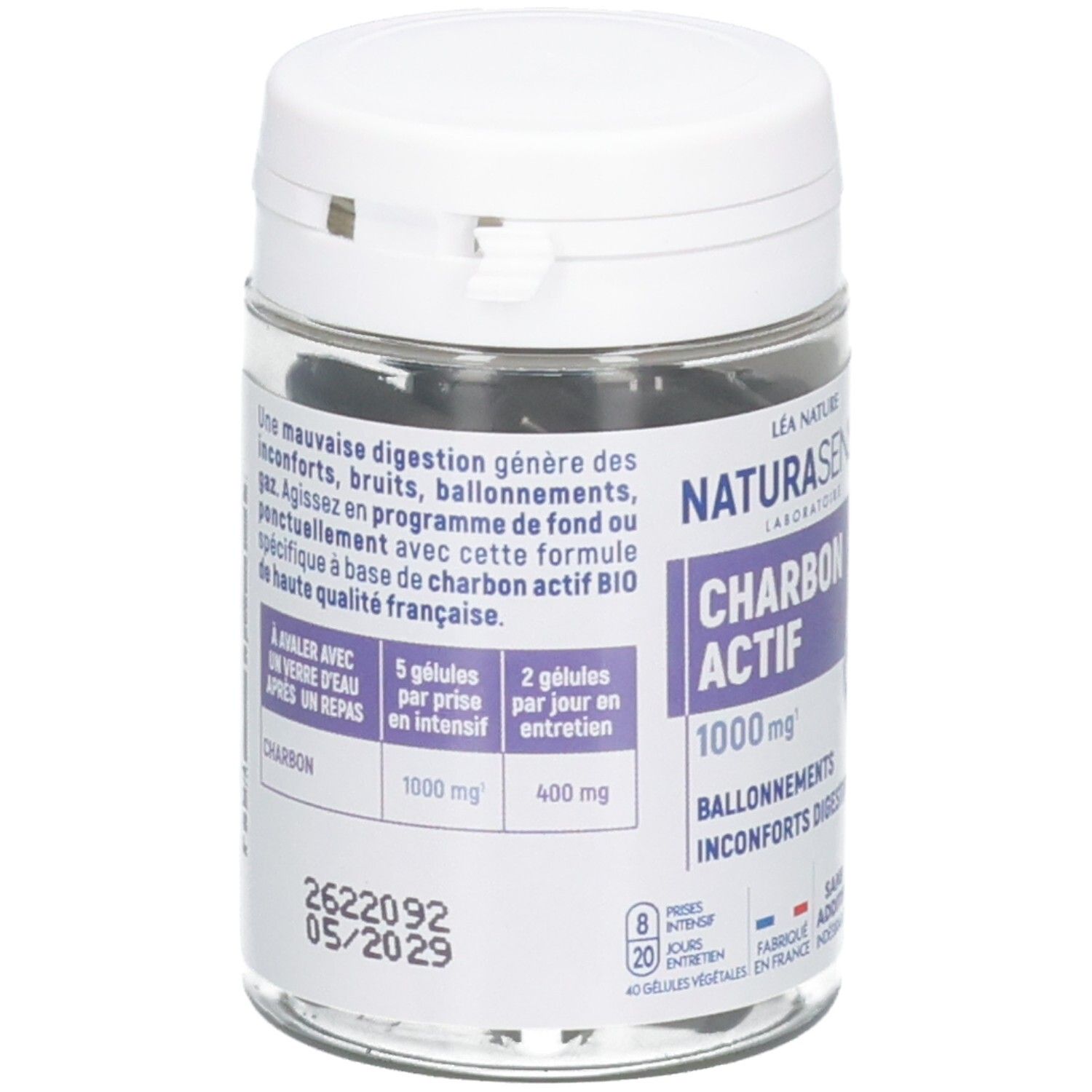 Flacon de gélules de charbon actif, 40 unités. Contient 1000 mg par dose.