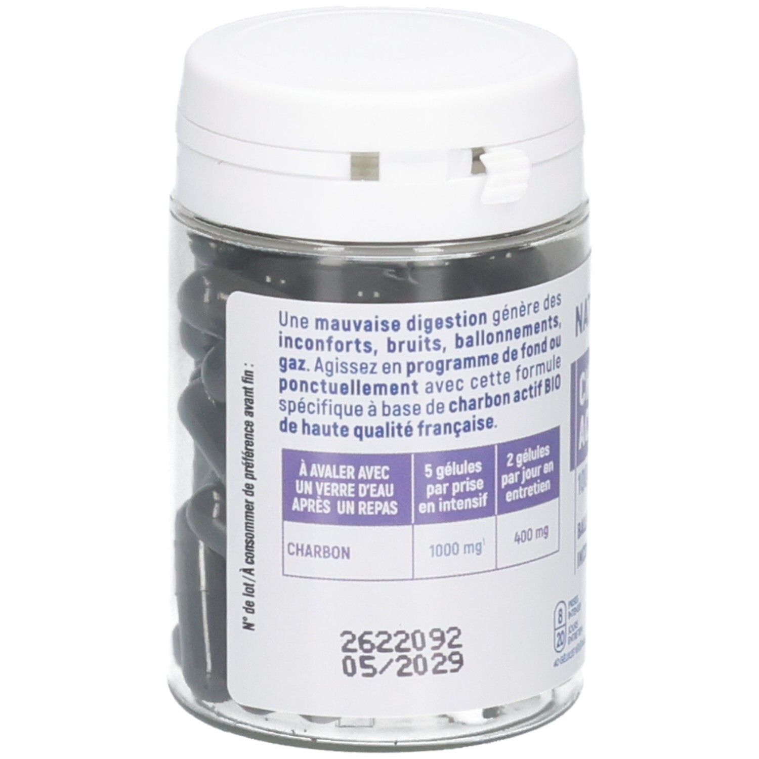 Flacon de gélules de charbon actif, 40 unités. Contient 1000 mg par dose.