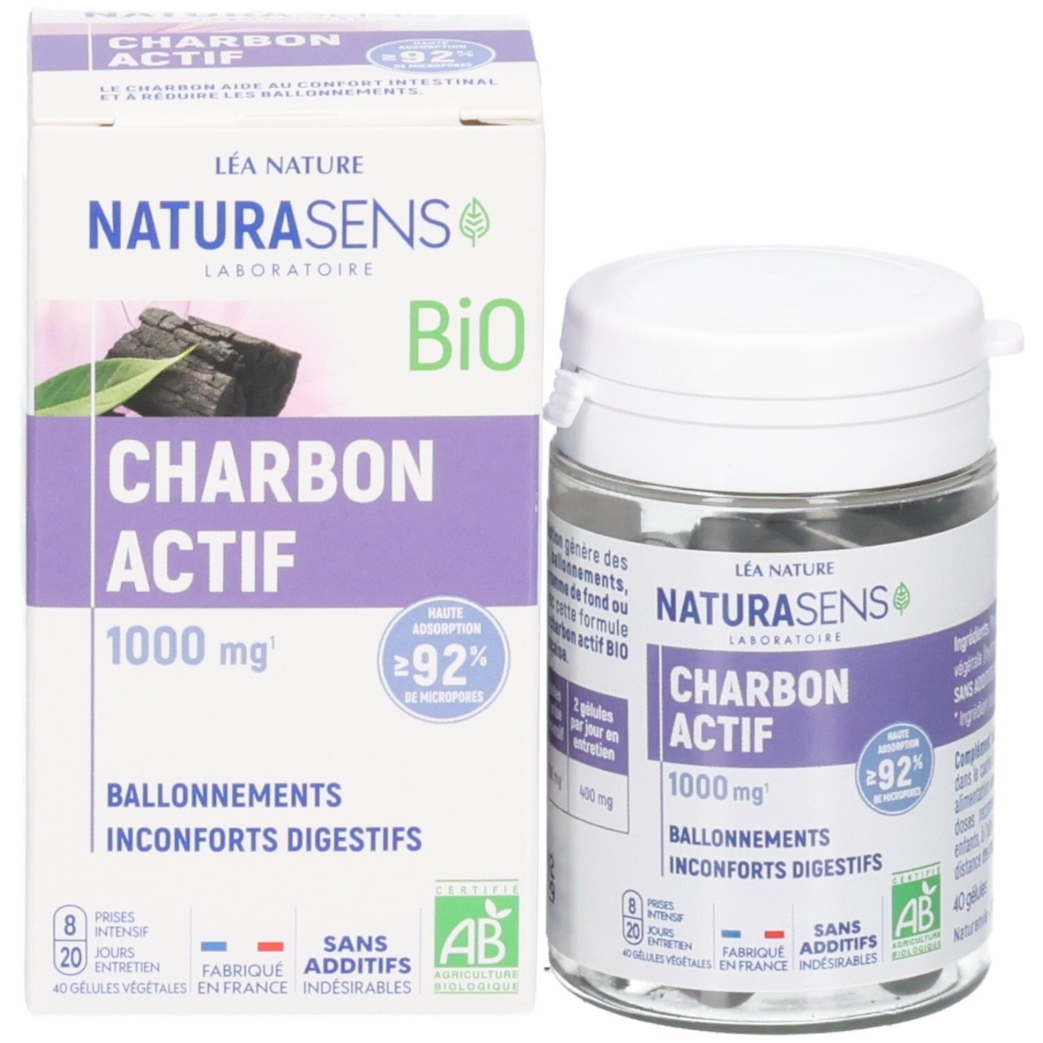 Boîte et flacon de gélules de charbon actif, 40 unités. 1000 mg par dose.