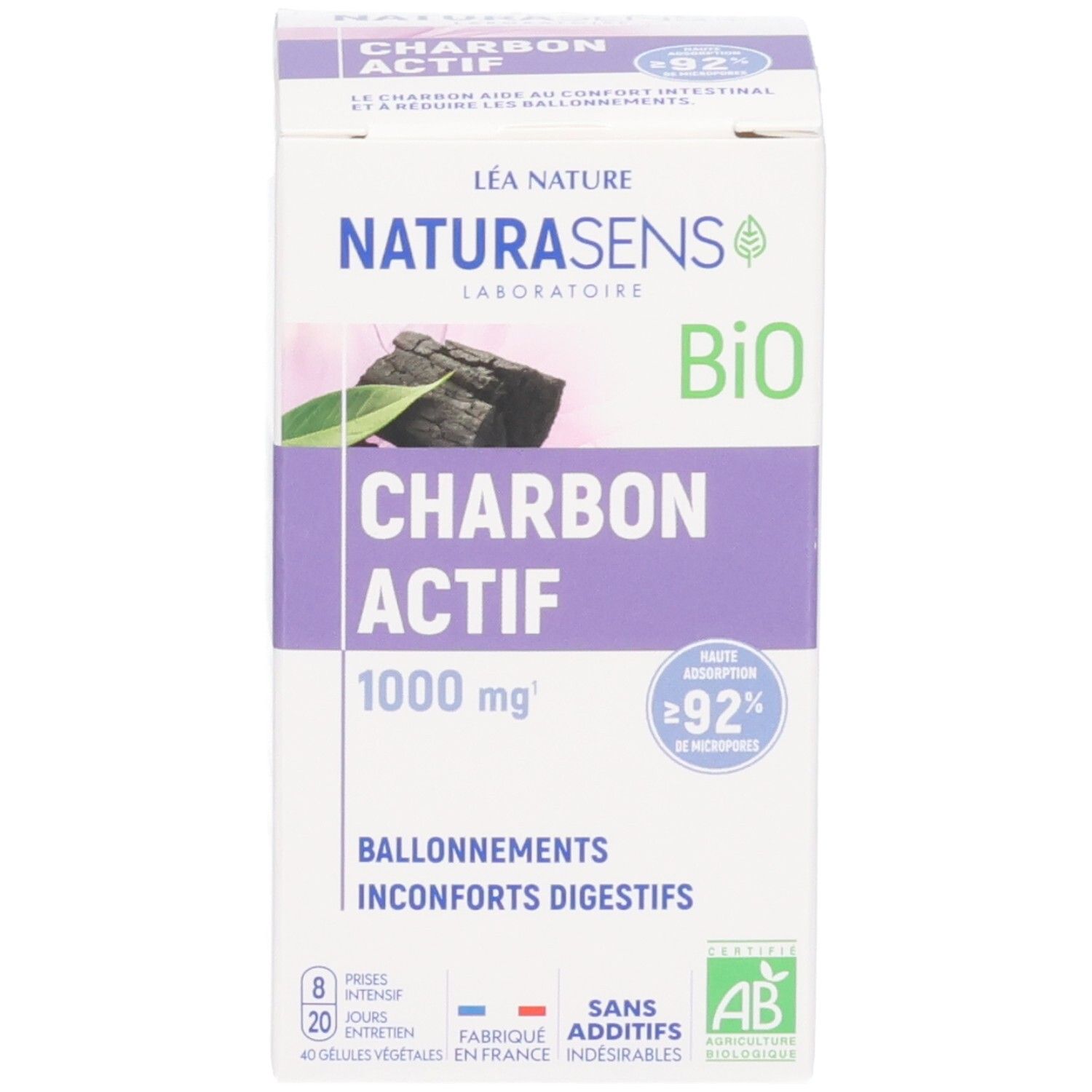Boîte de gélules de charbon actif, 40 unités. 1000 mg par dose.