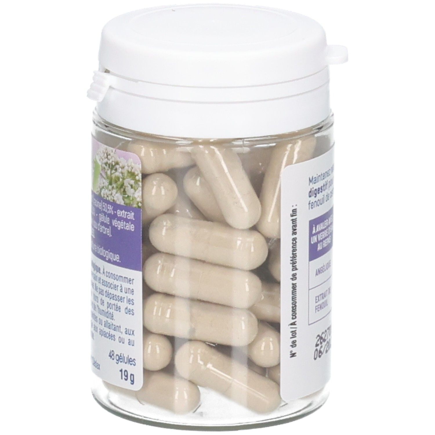 Flacon de gélules, vue latérale avec capsules visibles et détails de l'étiquette.