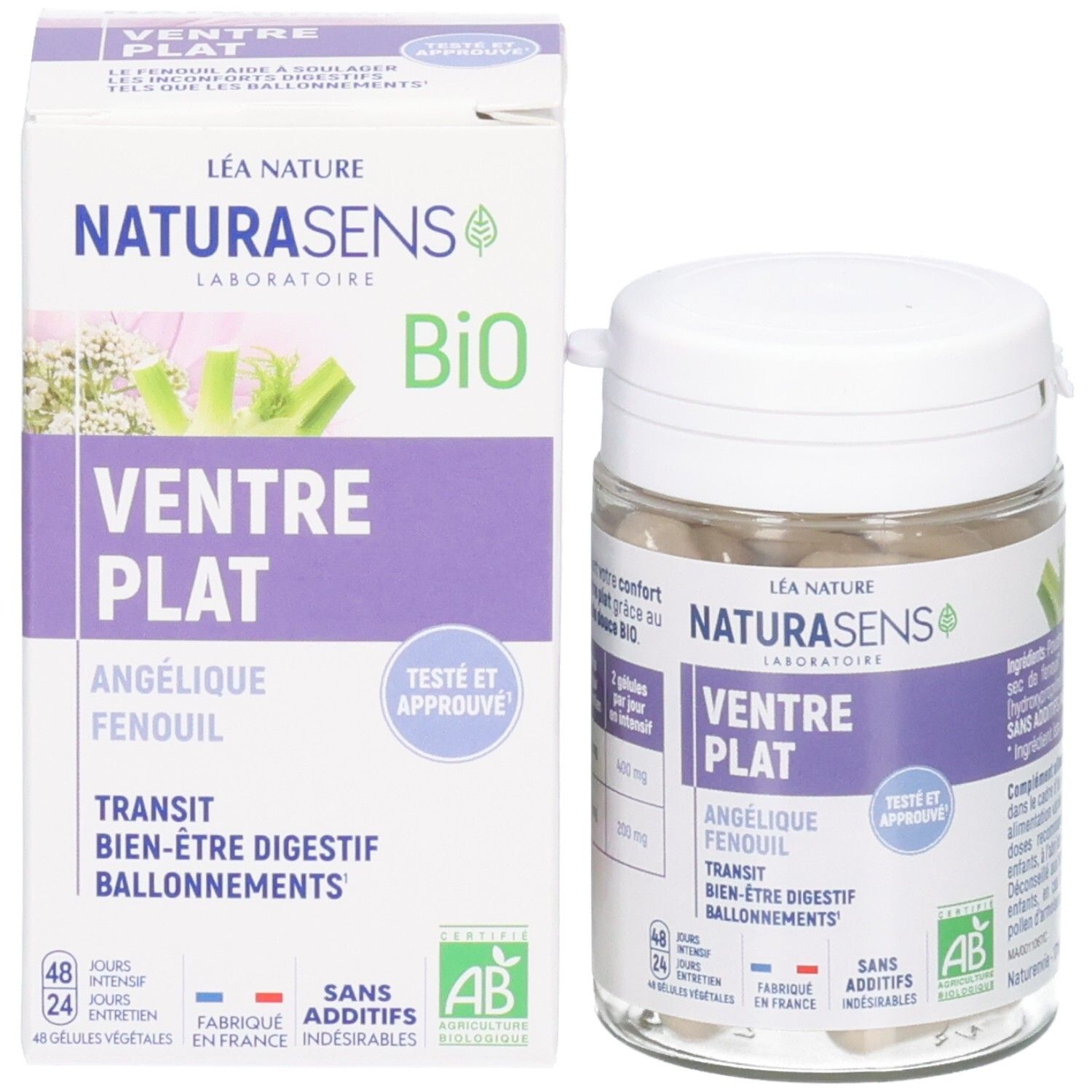 Emballage et flacon du produit, face avant avec nom du produit, logos et informations fabricant.