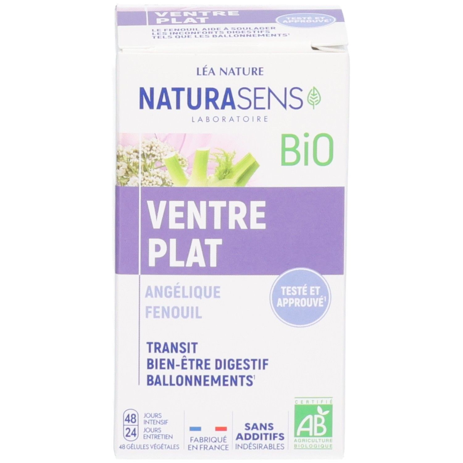 Emballage du produit, face avant avec nom du produit, logos et informations fabricant.