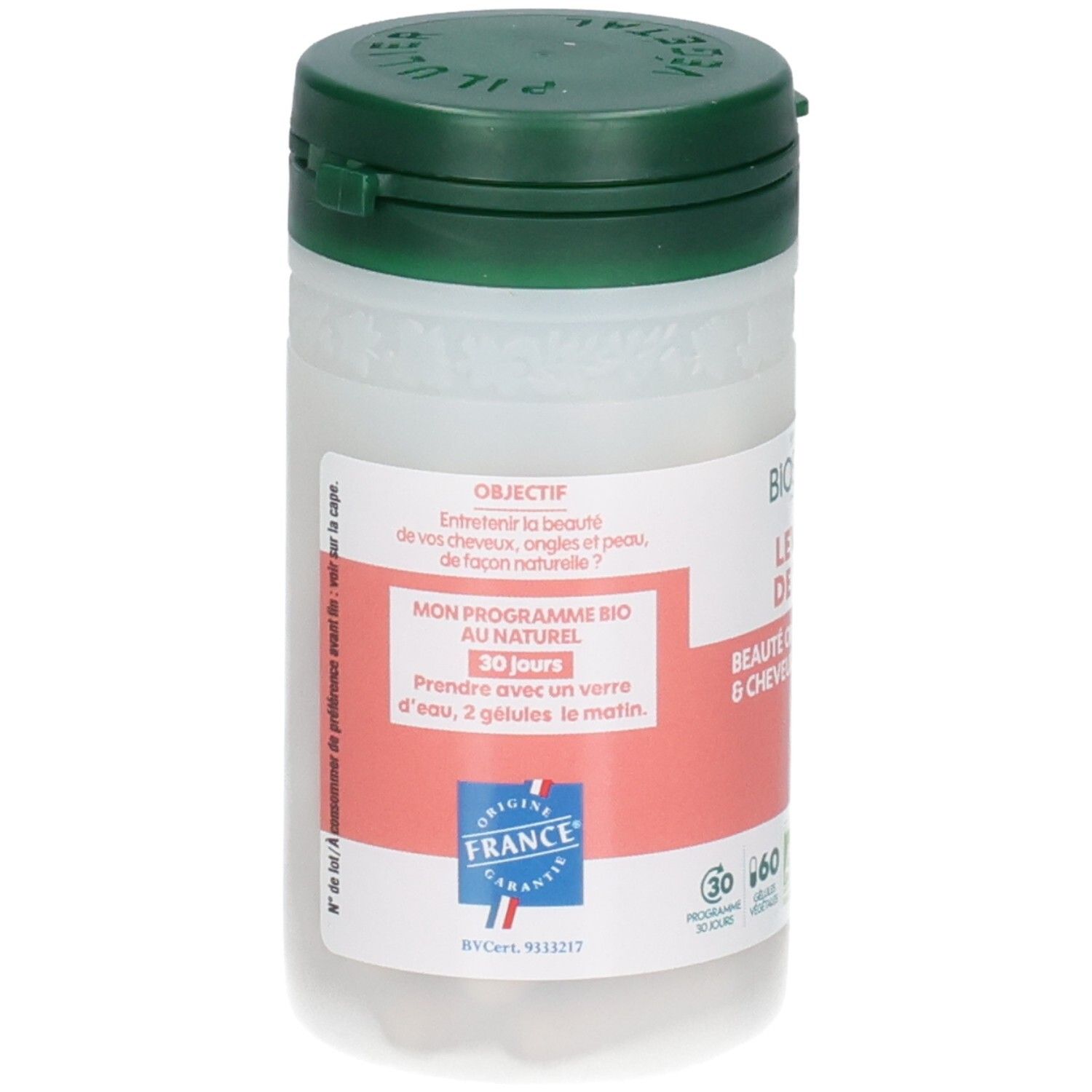 Flacon à bouchon vert, contient des gélules. Étiquette avec informations produit et "Origine France Garantie".
