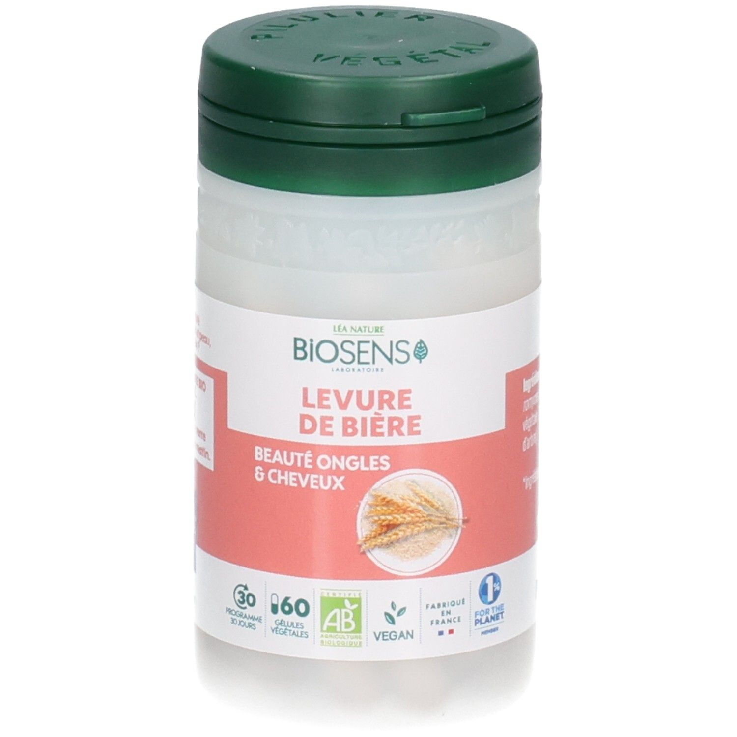 Flacon à bouchon vert, étiquette avec "BIOSENS LEVURE DE BIÈRE" et "BEAUTÉ ONGLES & CHEVEUX".