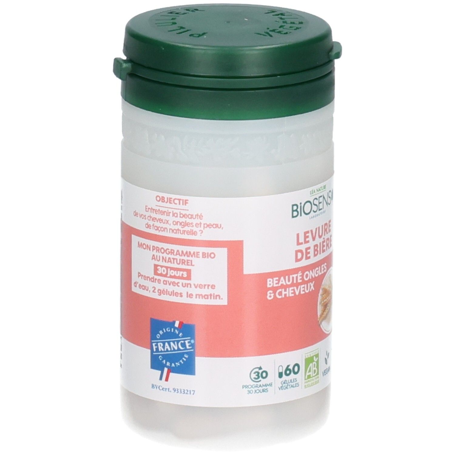 Flacon à bouchon vert, étiquette avec "OBJECTIF" et "MON PROGRAMME BIO AU NATUREL 30 JOURS".
