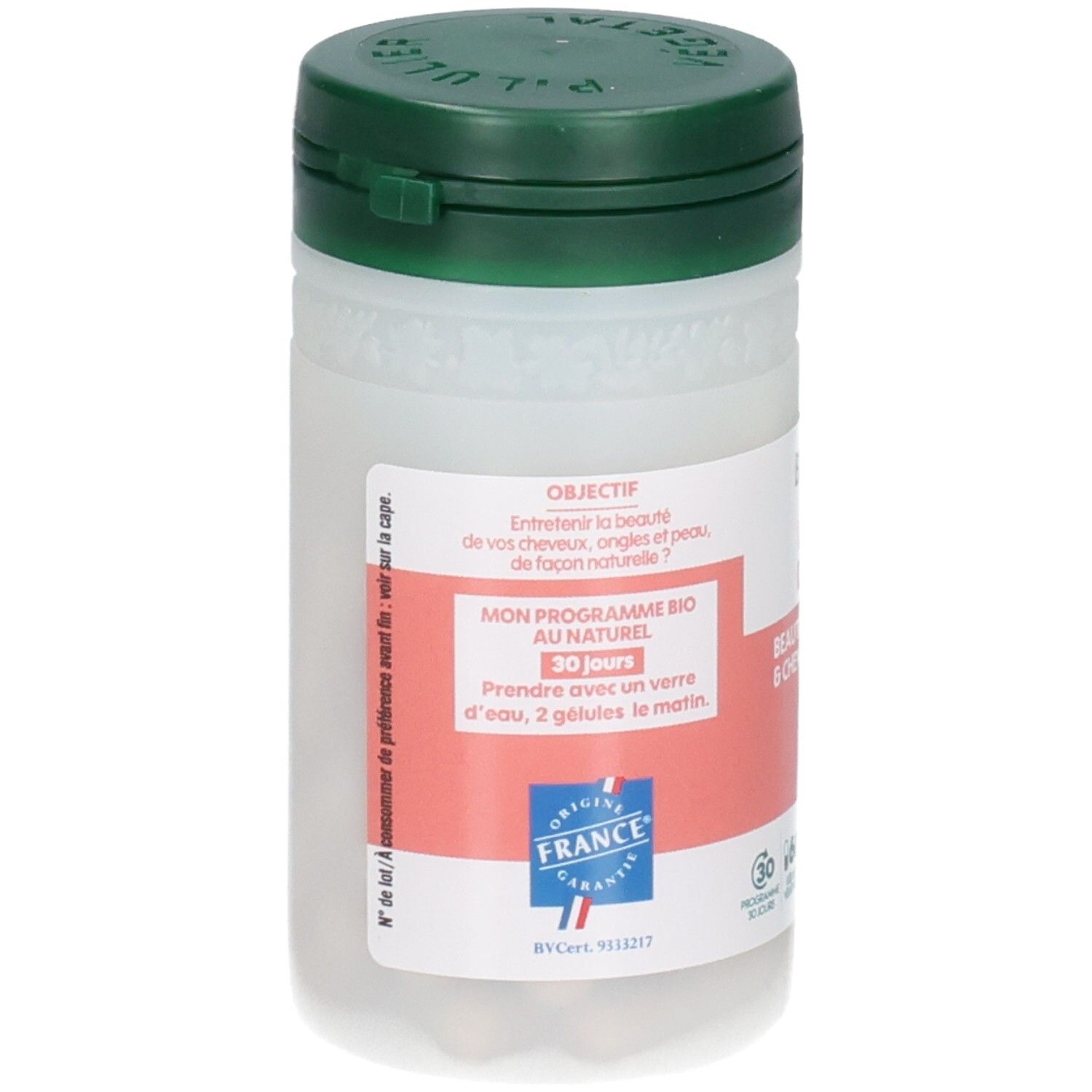 Flacon à bouchon vert, étiquette avec "OBJECTIF" et "MON PROGRAMME BIO AU NATUREL 30 JOURS", "Origine France Garantie".