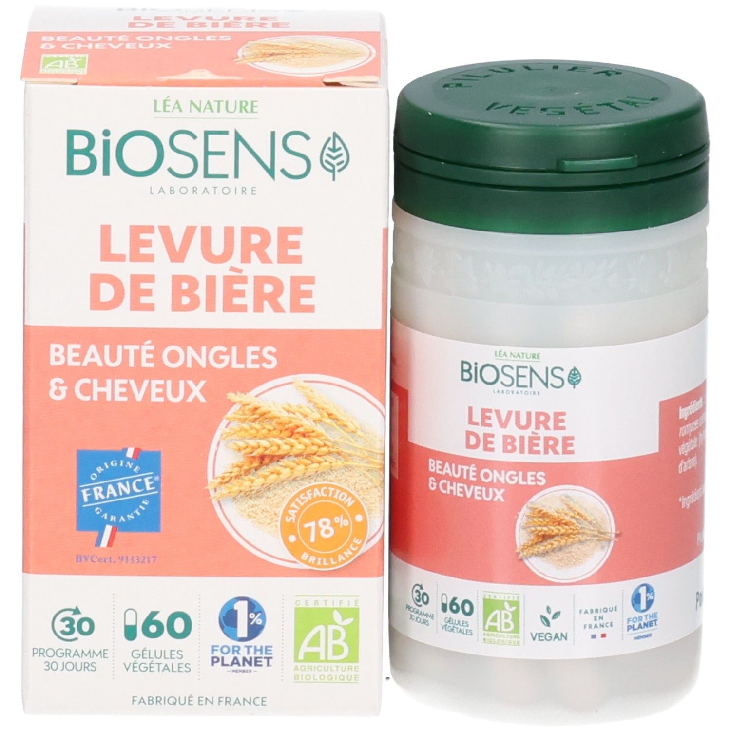 Boîte et flacon à bouchon vert. Étiquette avec "BIOSENS LEVURE DE BIÈRE" et "BEAUTÉ ONGLES & CHEVEUX".
