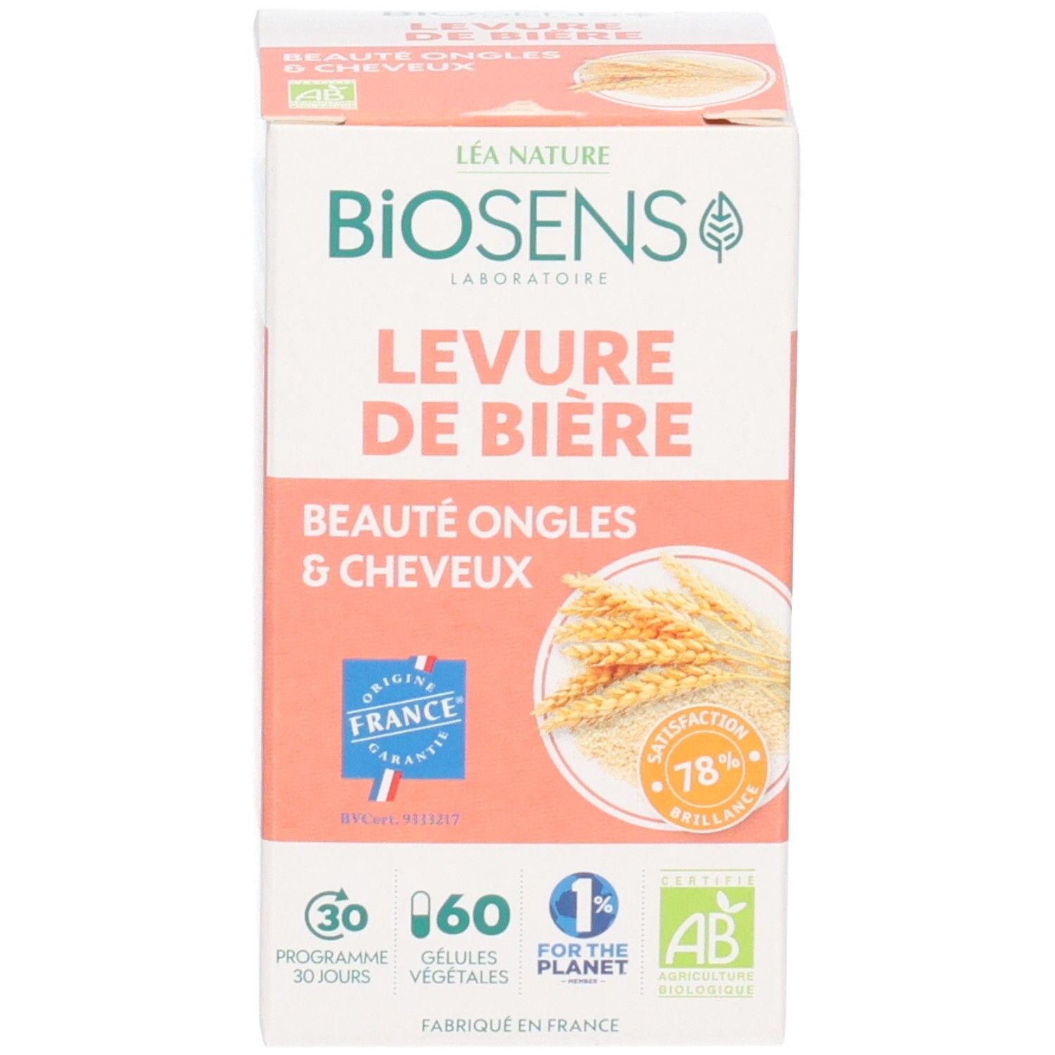 Boîte avec "BIOSENS LEVURE DE BIÈRE", "BEAUTÉ ONGLES & CHEVEUX", "Origine France Garantie" et label "AB".