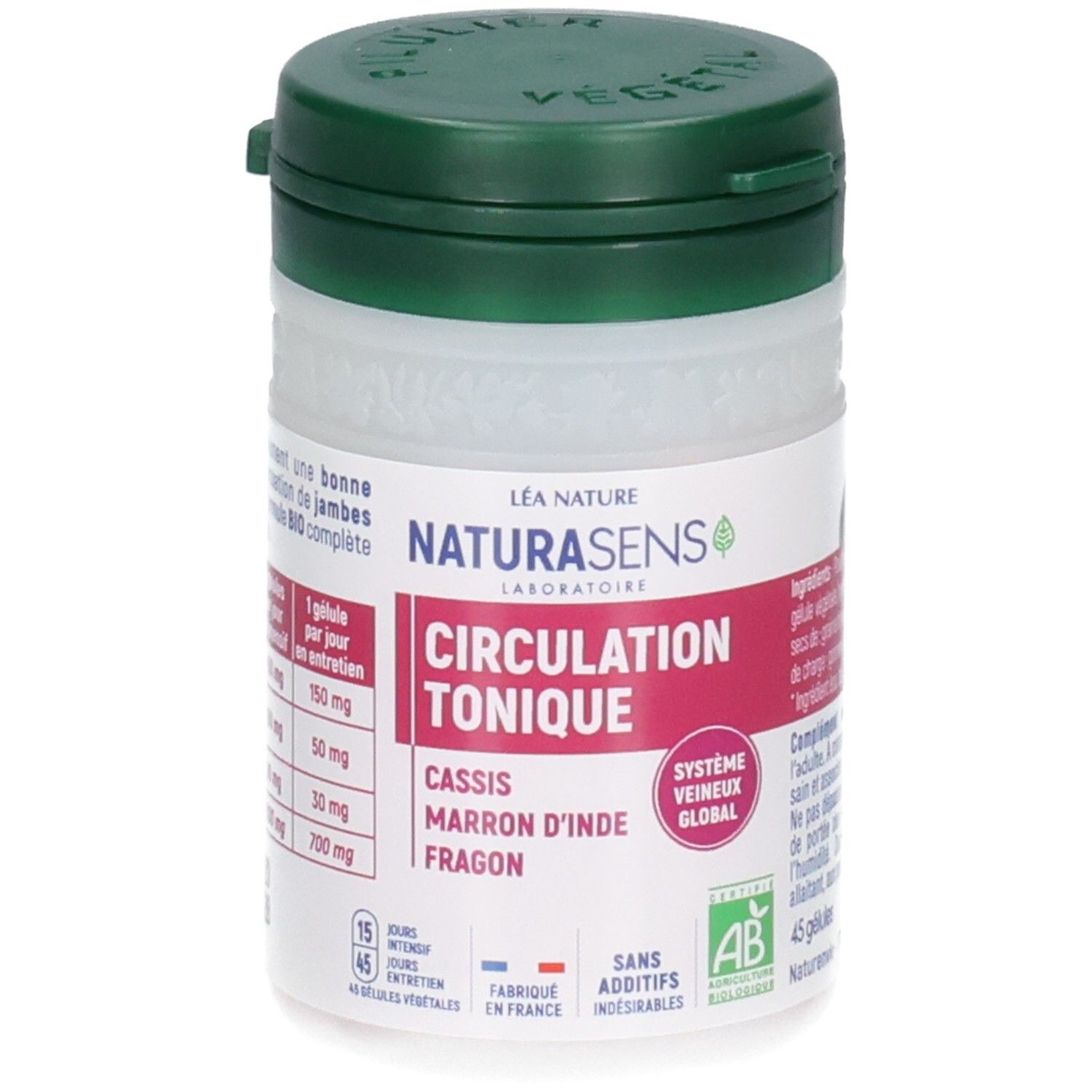 Flacon et emballage, face avant avec nom du produit et ingrédients.