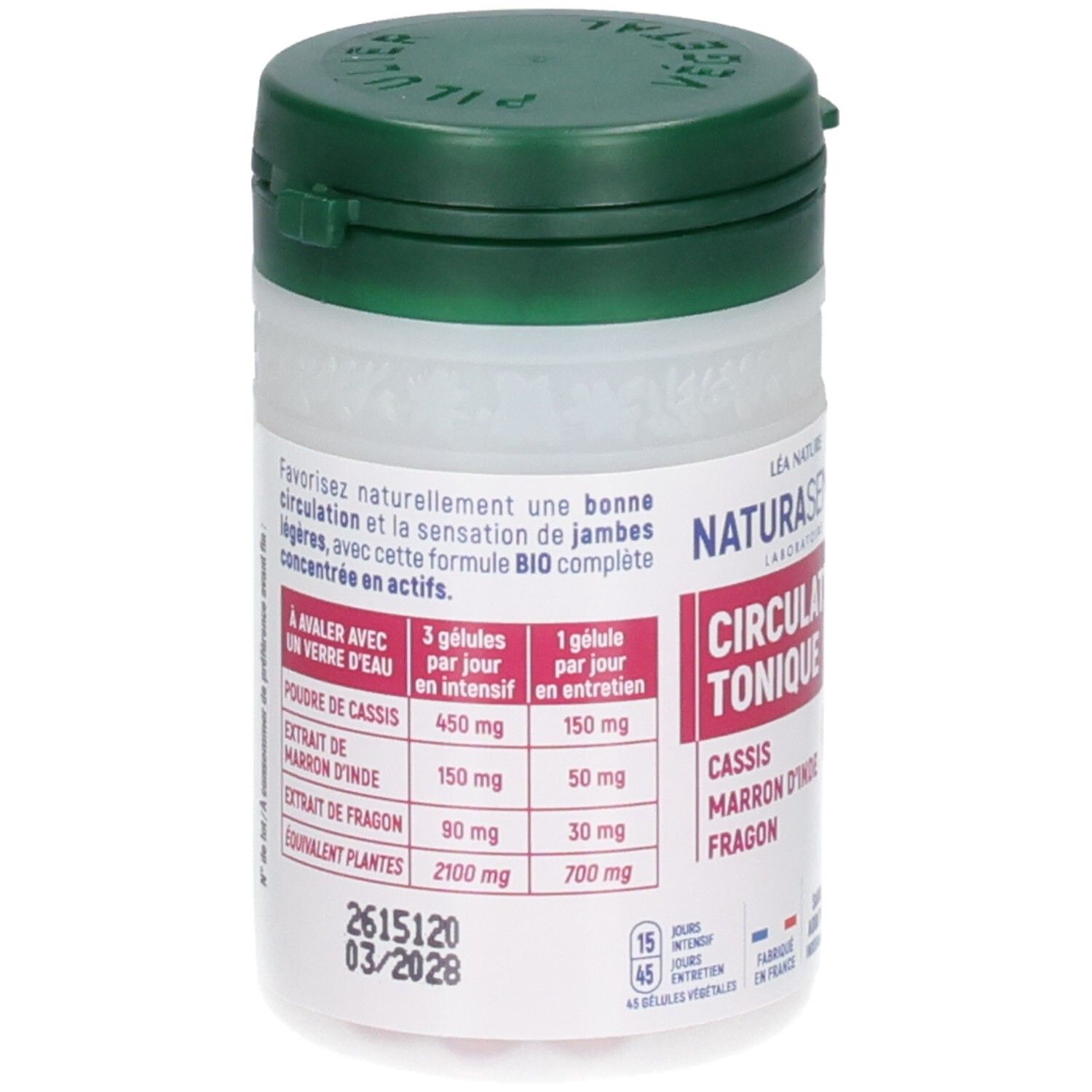 Flacon de gélules, face avant avec tableau de dosage et date de péremption.