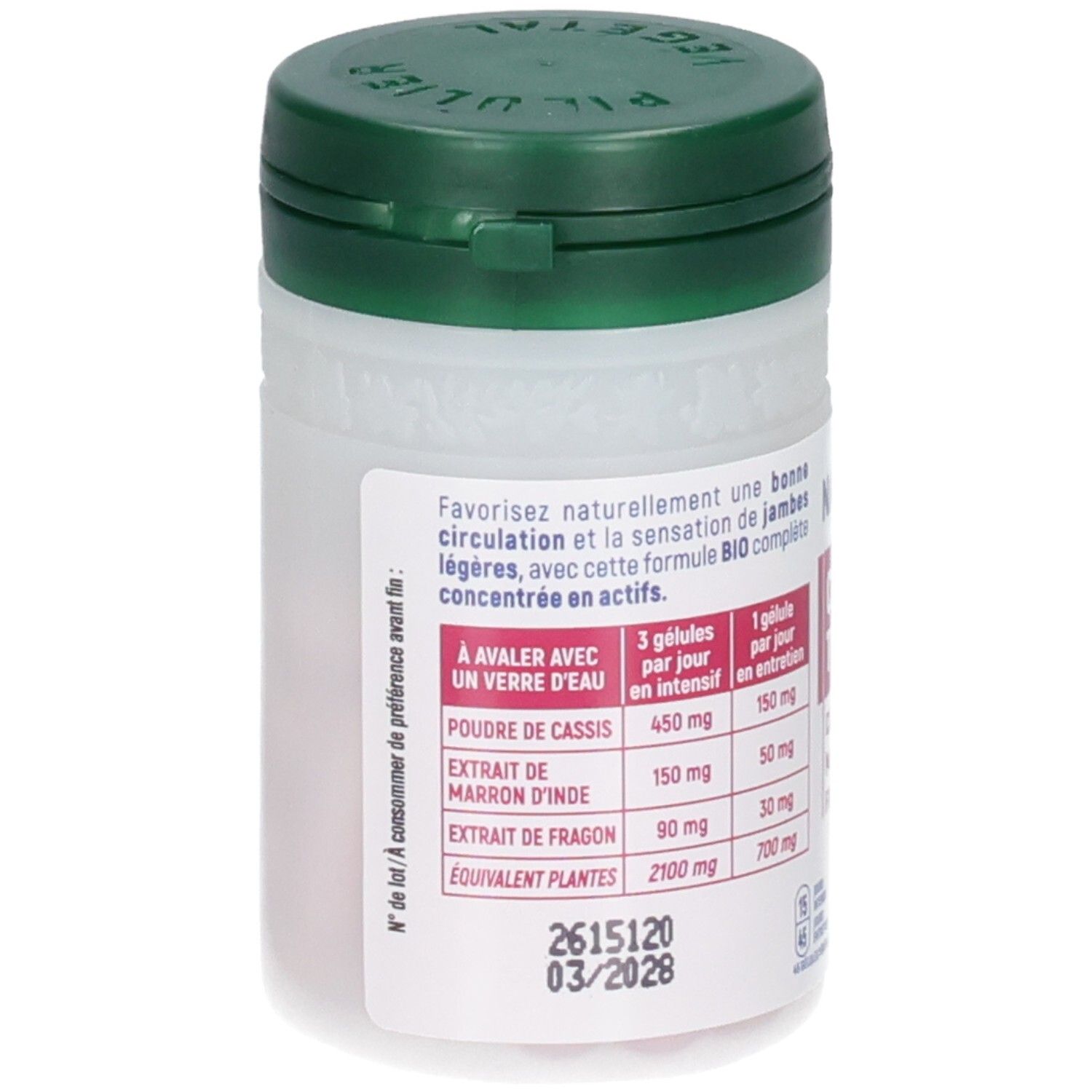 Flacon de gélules, face avant avec tableau de dosage et date de péremption.