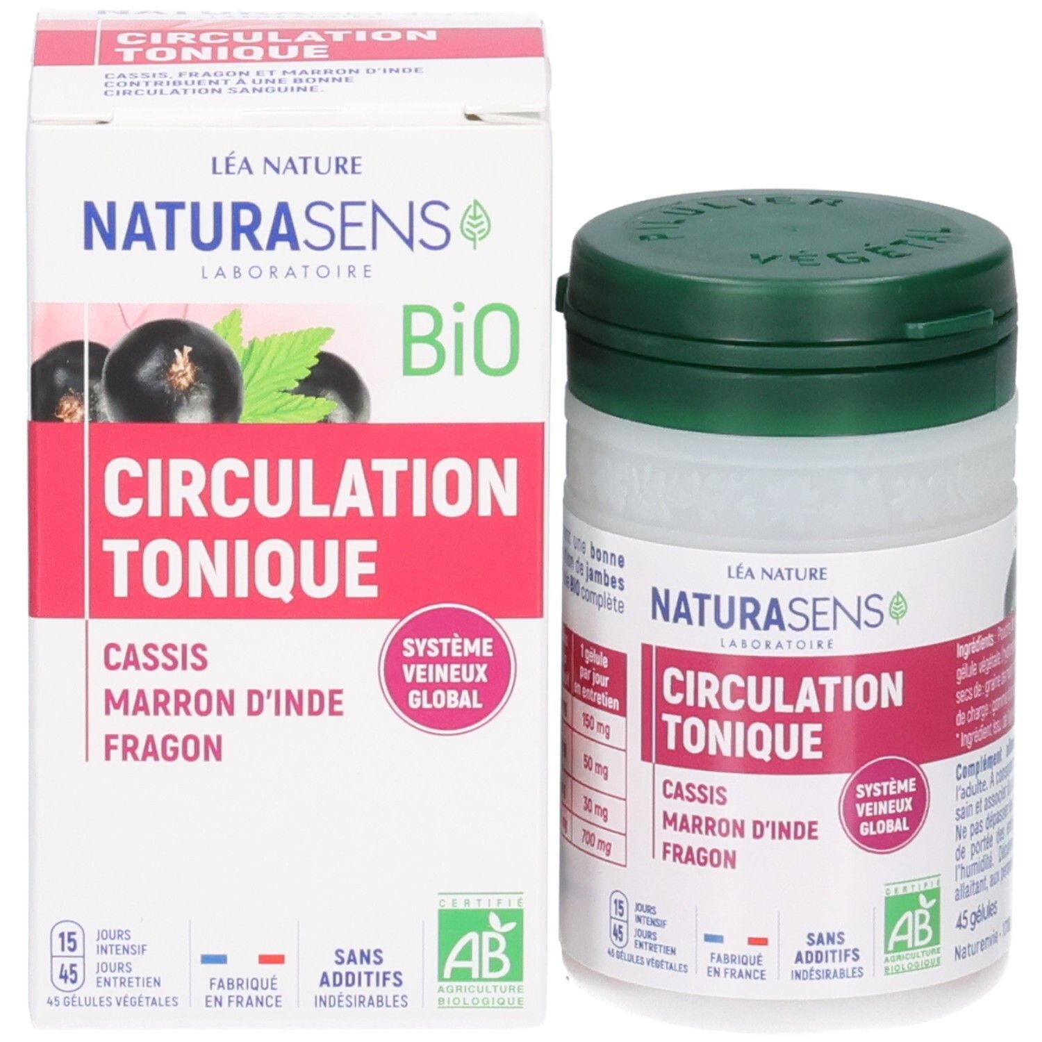 Emballage et flacon, face avant avec nom du produit, ingrédients et label Bio.